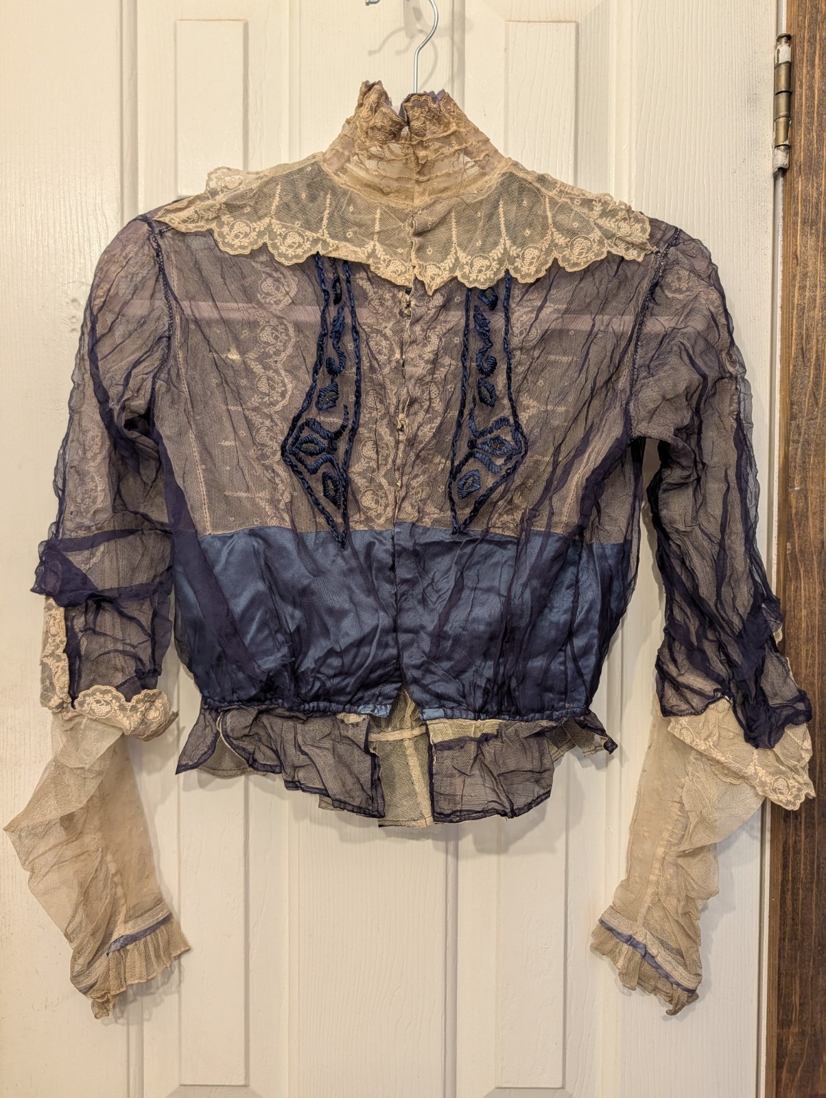 Antique Edwardian Cream Lace Blue Satin XS Women’s Blouse Handmade Bow Details