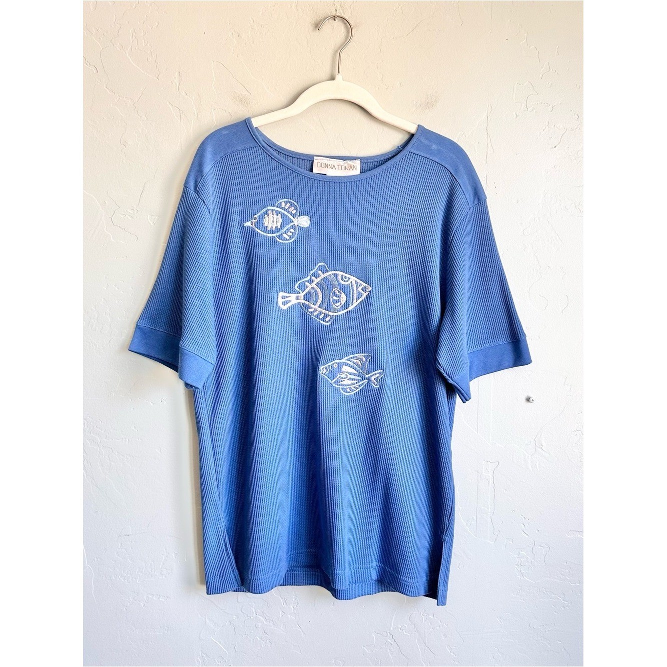 Vintage 90’s Donna Toran Blue Fish Embroidered Waffle Knit Top Large Beach Coast