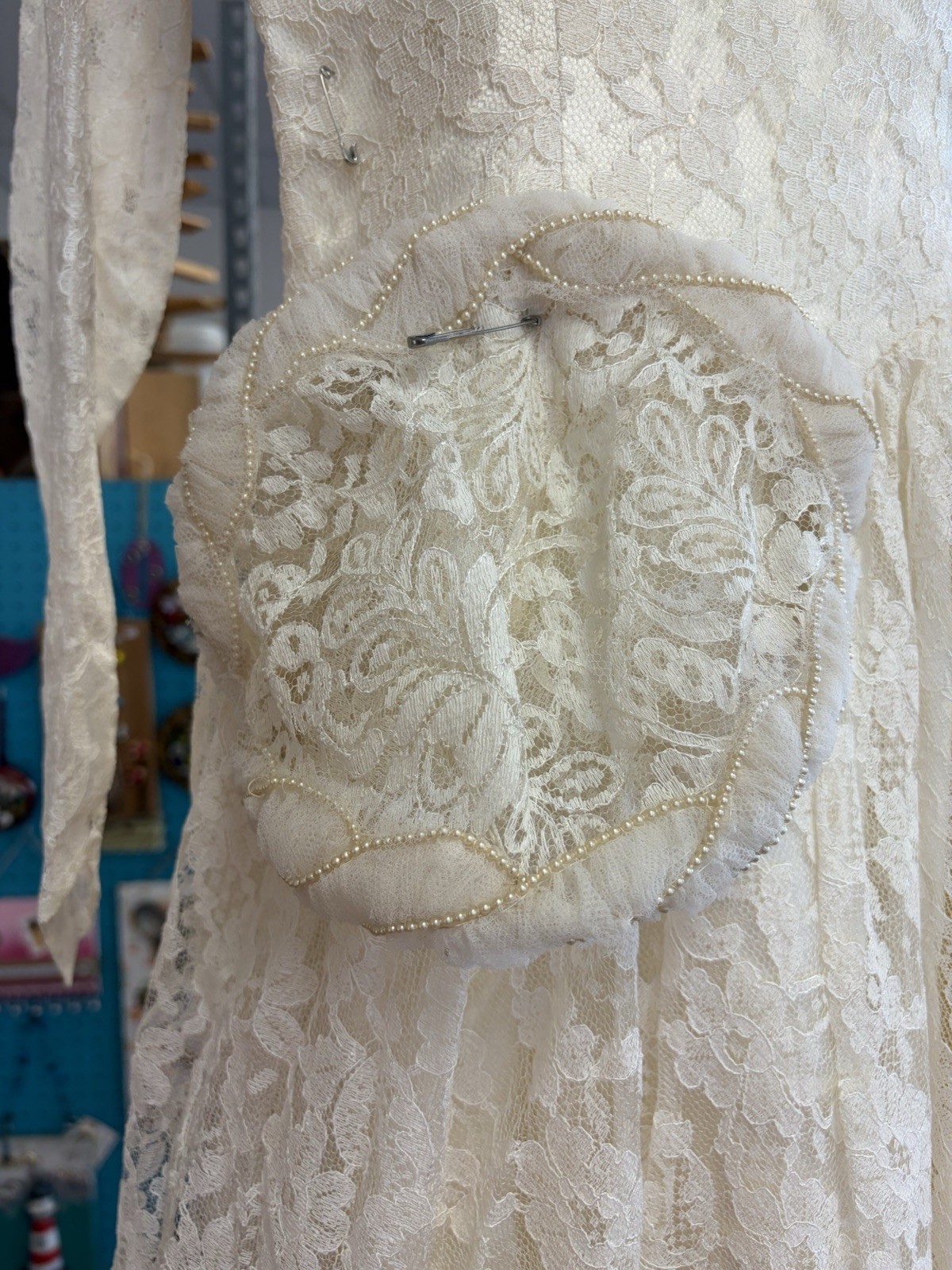Lace Wedding Dress With Head Cap Train VTG 1951