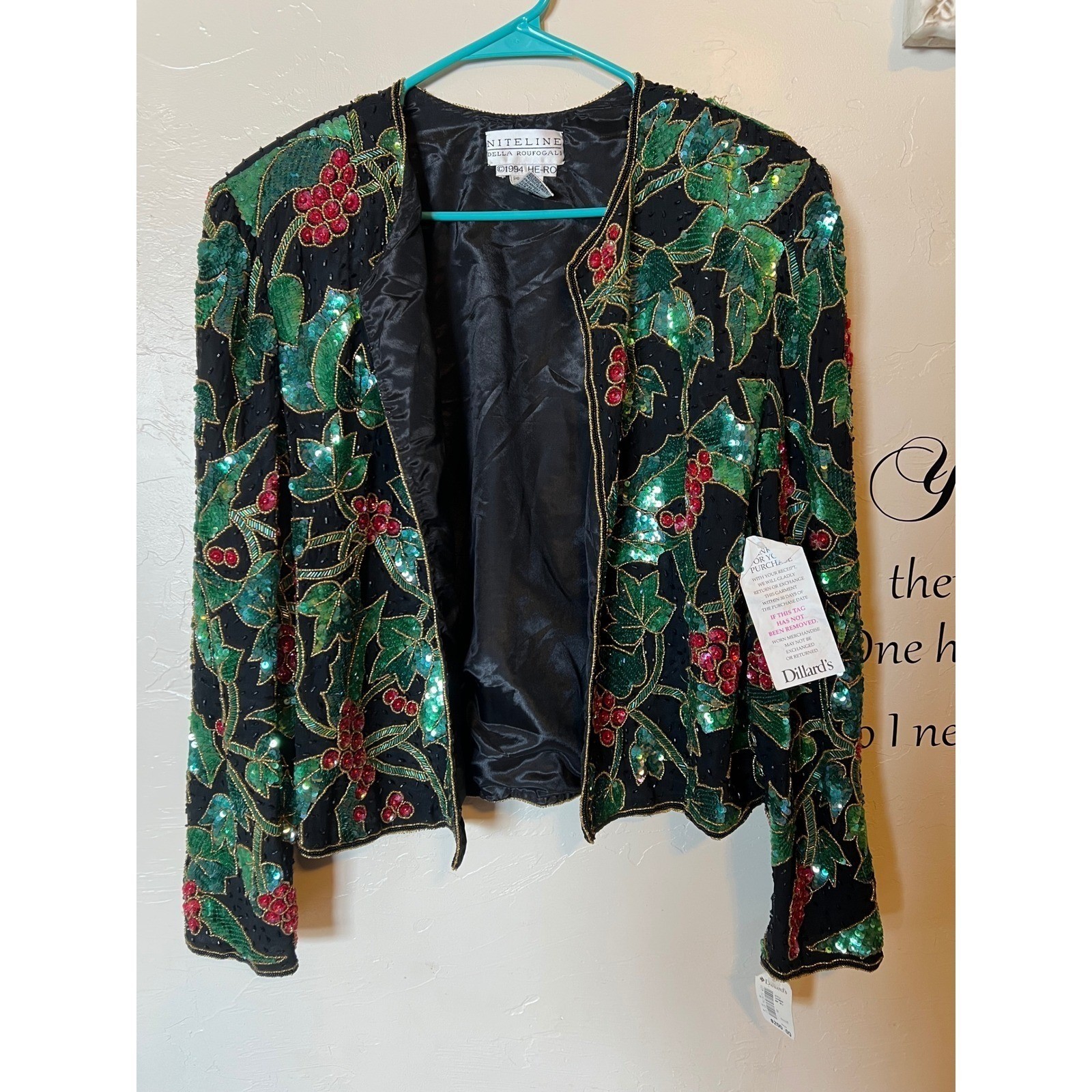 Niteline Della Roufogali Vintage 90s Sequin Holly Berry Silk Jacket NWT Holiday