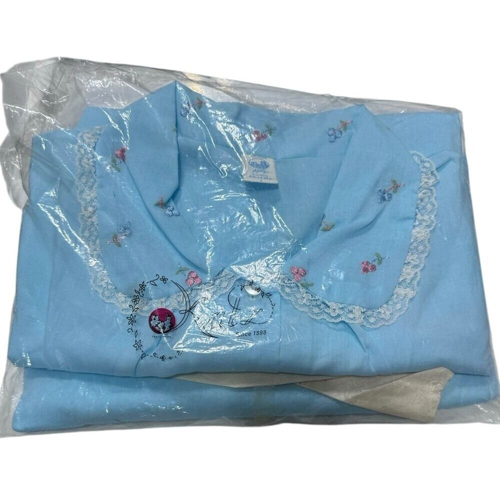 Vintage Katz Pajama Set Blue Floral Embroidered Lace Short Sleeve Pants 38 NOS