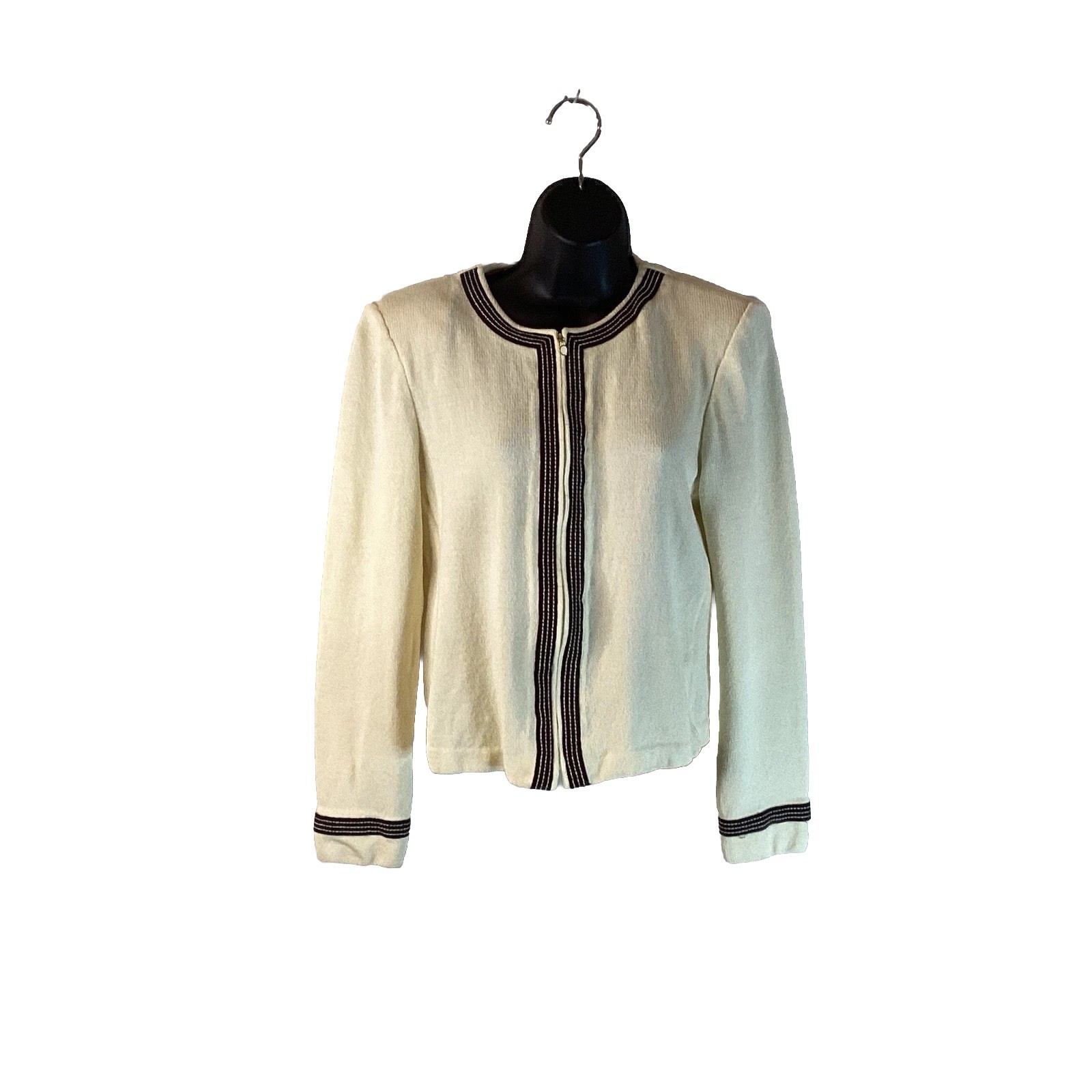 Vtg St. John Santana Knit Jacket Cream Black Trim Full Zip Cardigan Sz 8 Flawed