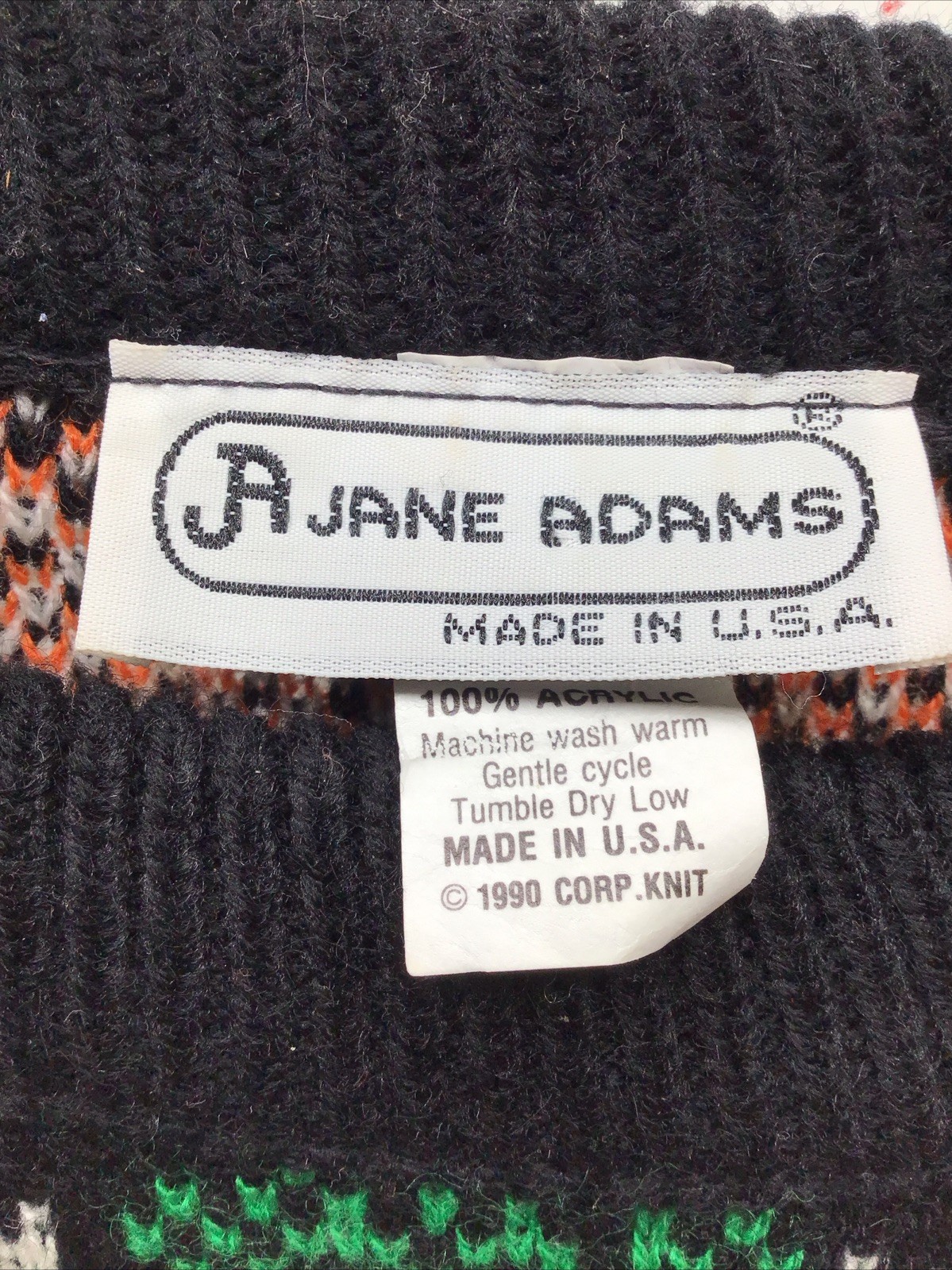 Vintage 1990 Jane Adam’s Easter Bunny Black Sweater w Gold Rabbit Lapel Pin