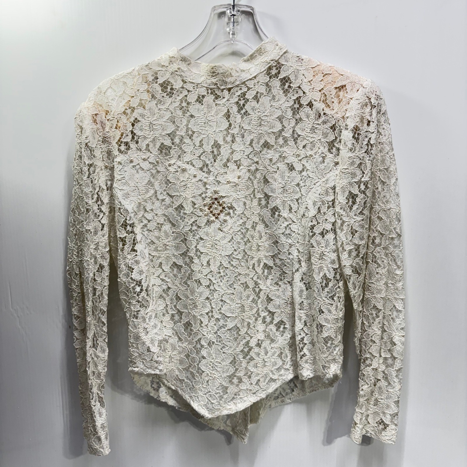 VTG Off White Floral Lace High Neck Button Blouse Sheer Beaded Back Top France