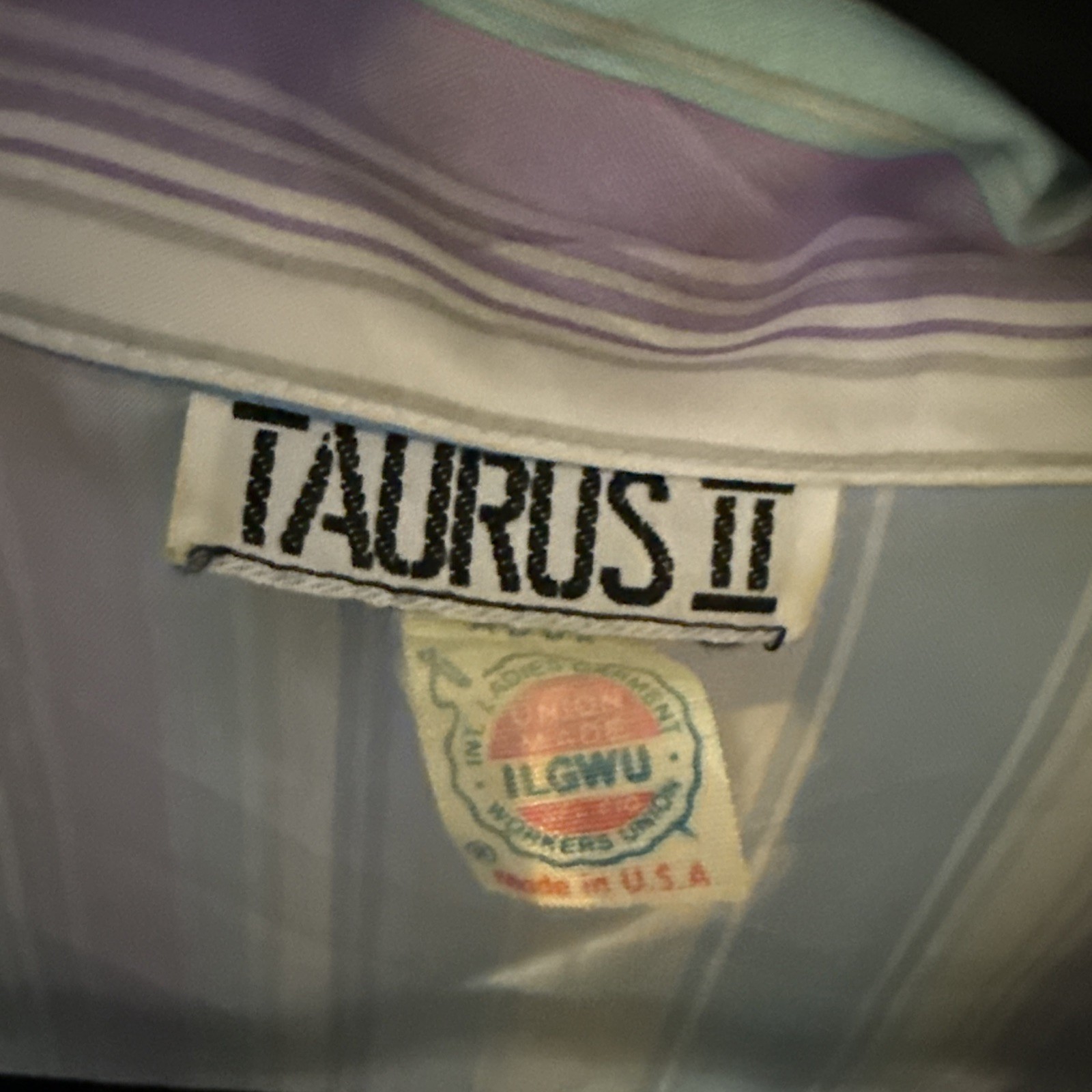 VTG TAURUS II Secretary Shirt Dress Striped Blue Purple Top PTP 19” White Bottom
