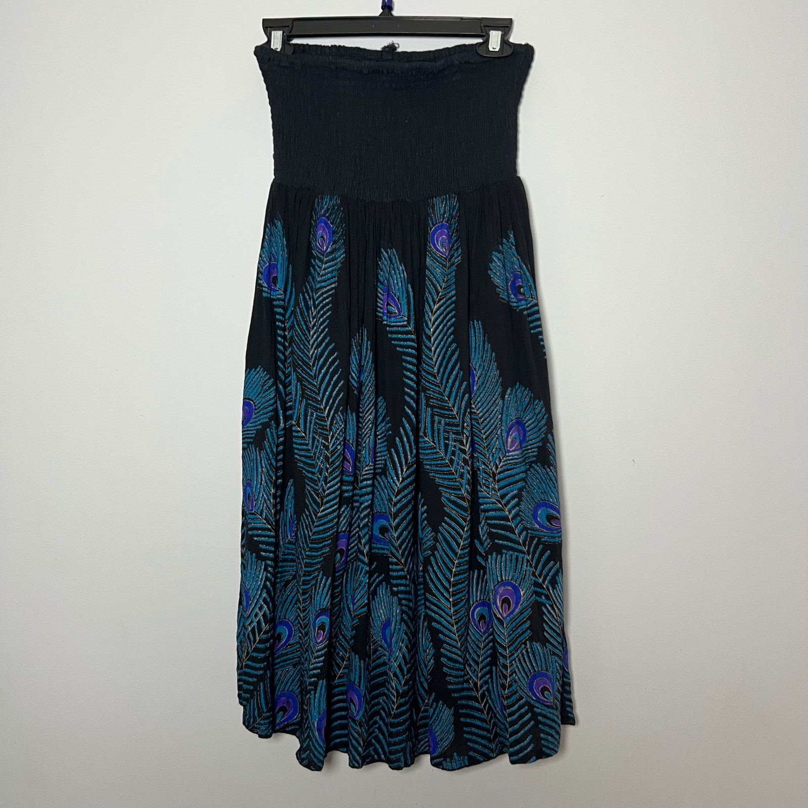 Womens Large Black Peacock Feather Smocked Strapless Sequin Mini Dress Y2K 90’s
