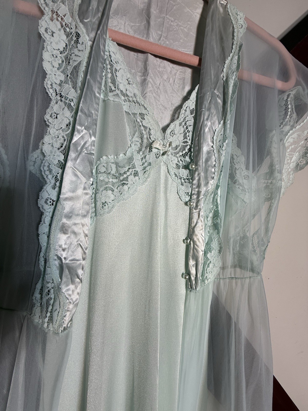 2pc 60s Vintage Nightgown PEIGNOIR Robe Set BABYDOLL Sheer CHIFFON Gown S/M Blue