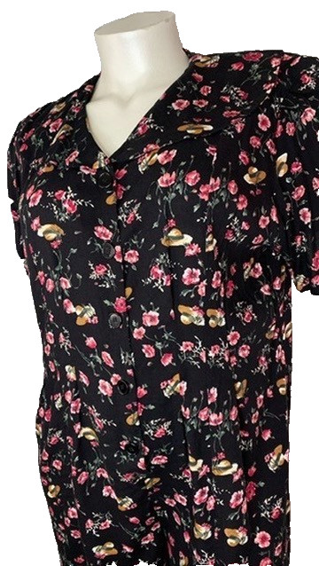 Vintage 1990s black pink romper XXL novelty print hats floral rayon plus size