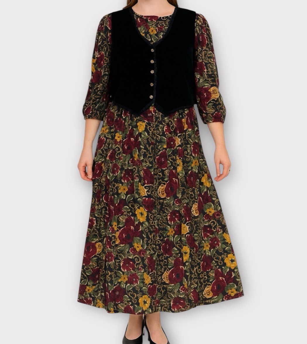 Vintage Sarah Richards Petites Dress 16P Maxi Floral Vest Prairie Cottagecore