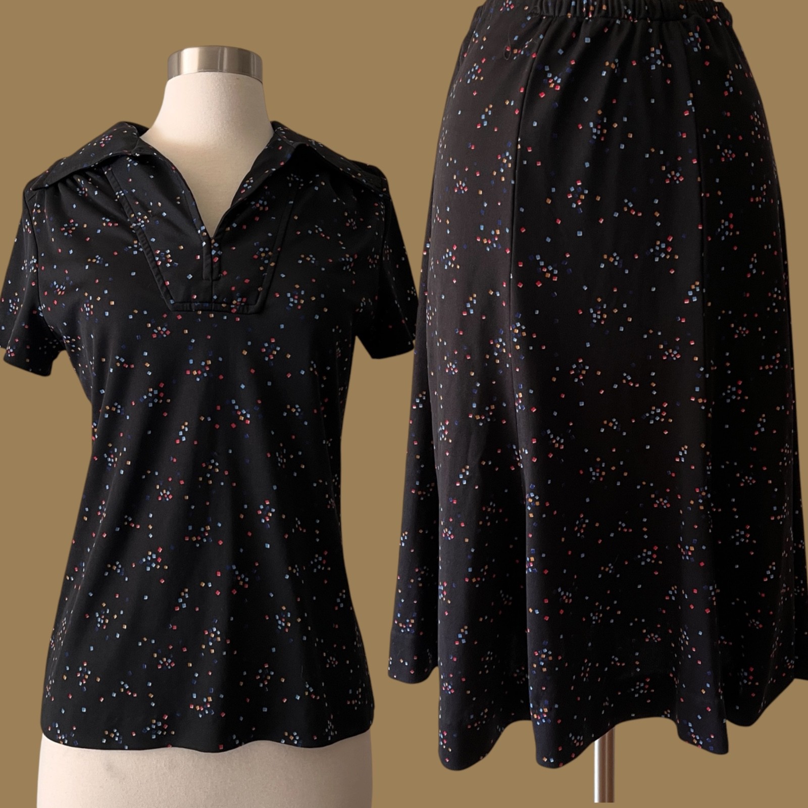 Vintage 70s Confetti Print 2 Piece Skirt & Blouse Set