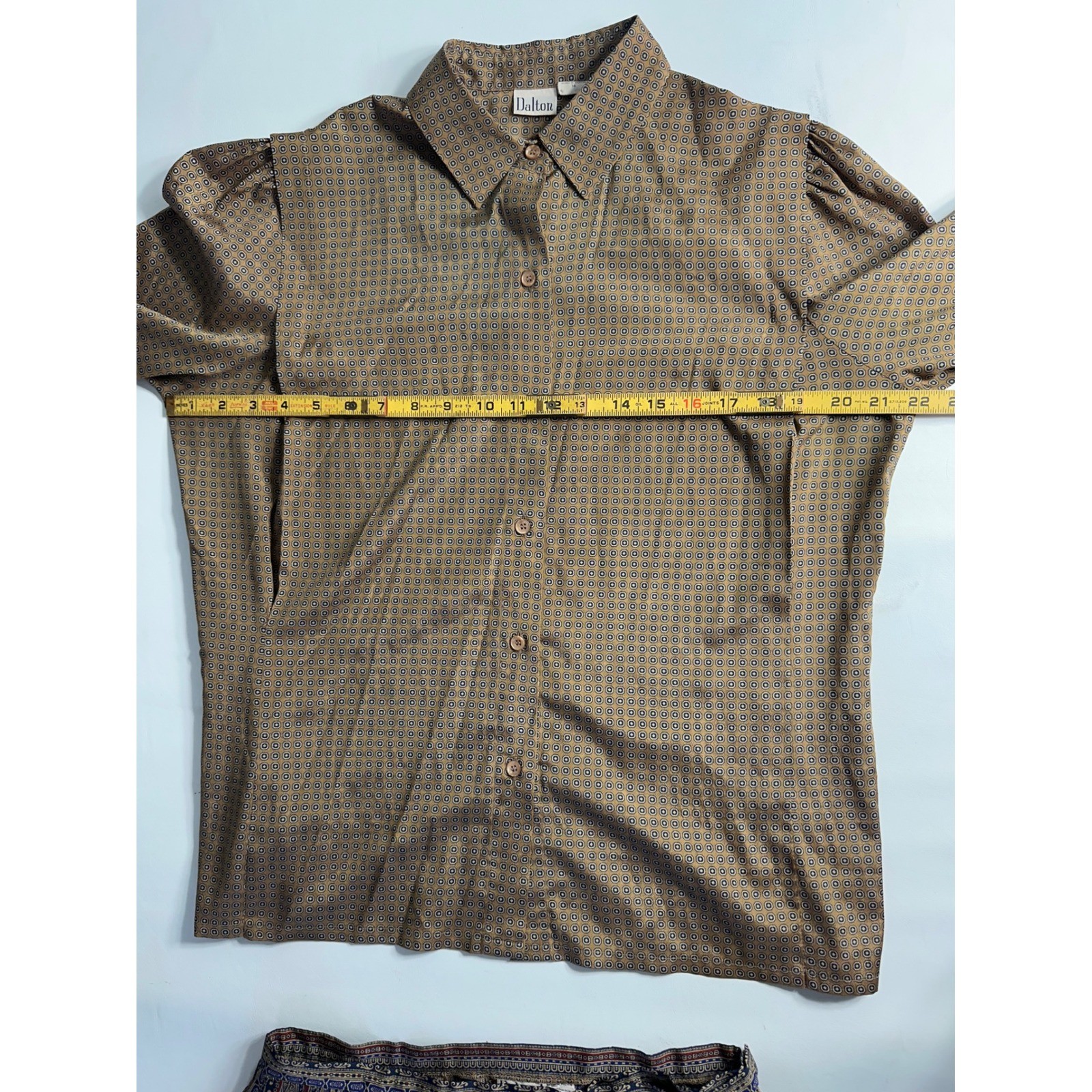 Dalton Vintage 2 Piece Skirt Set Brown Geometric Button Up Blouse Pleated Midi