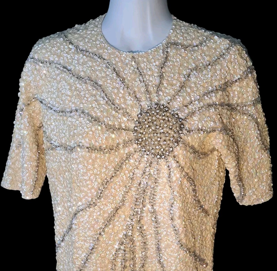 VTG 1950-60’s Ivory Hand Sequin Beaded Wool Knit Cocktail Dress Size 8 Imperial