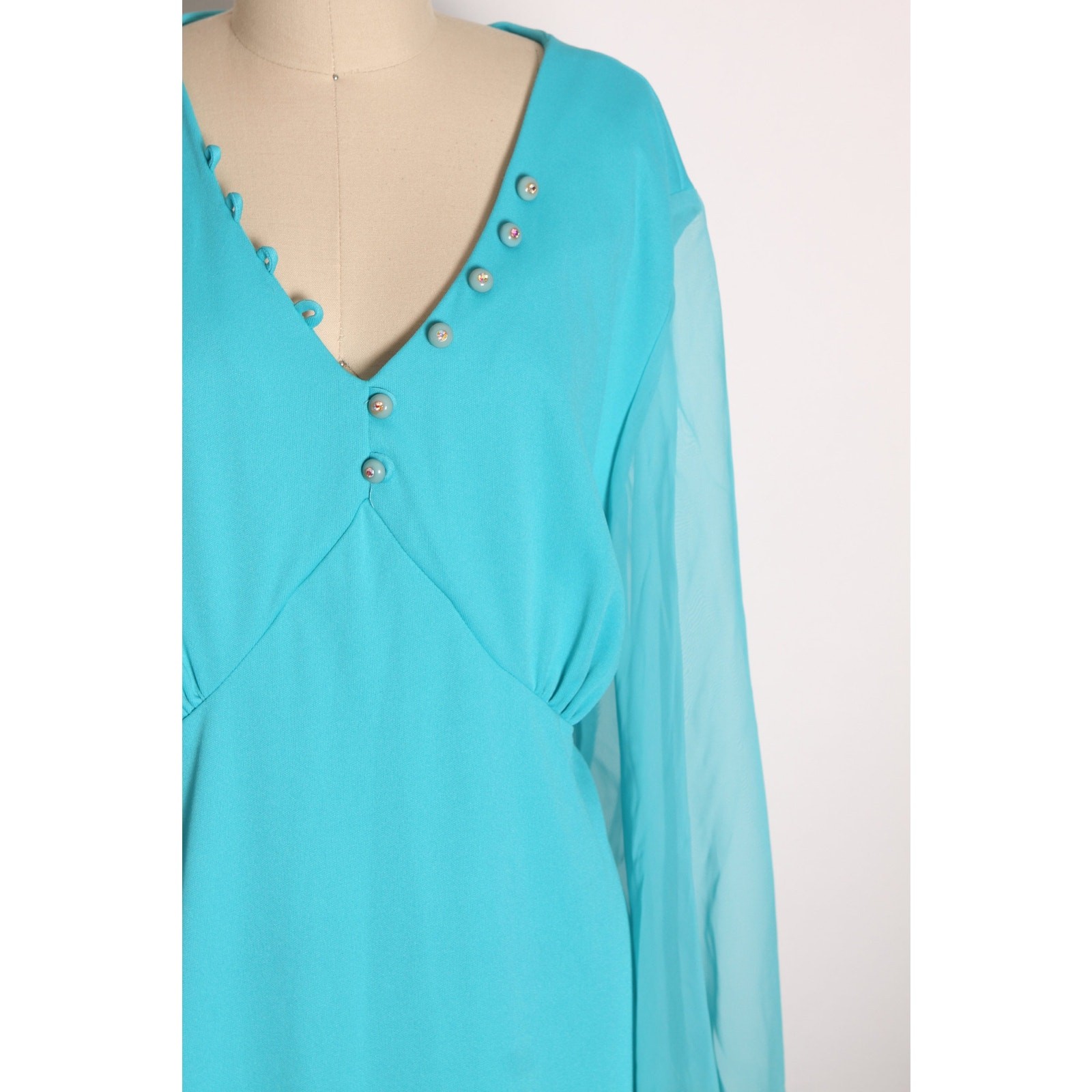 1970s Turquoise Blue Gold Angel Wing Sleeve Formal Plus Size Dress by Lily Lynn