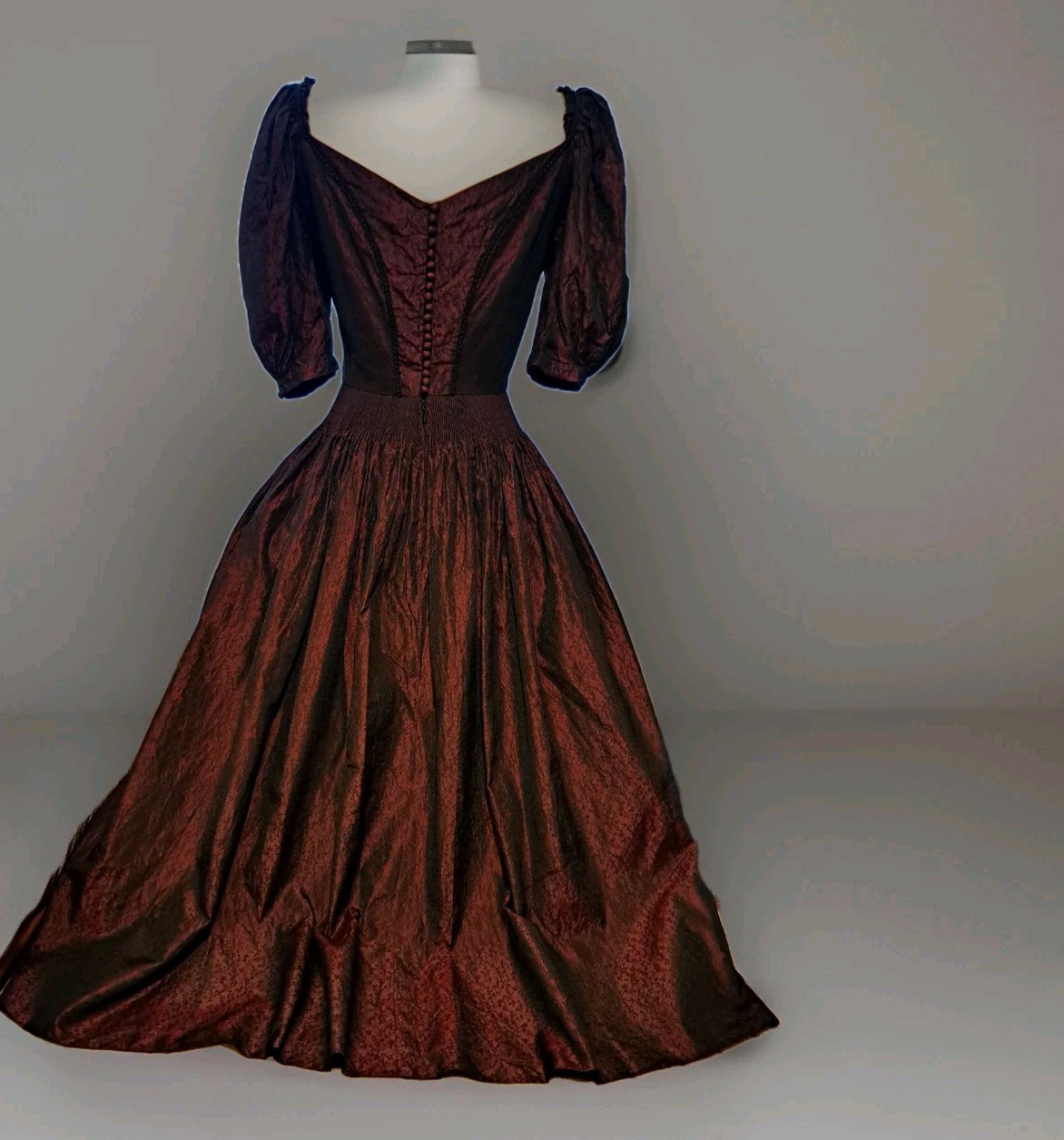 Vtg Edwardian Revival Gothic Burgundy Dress S C-D Bust Silk Blend Puff Sleeves
