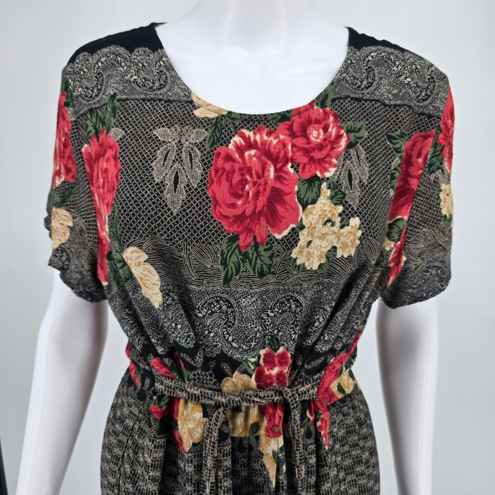 Vintage 1990s Just in Thyme Rayon Black Floral/Lace Print Prairie Dress (8/M)