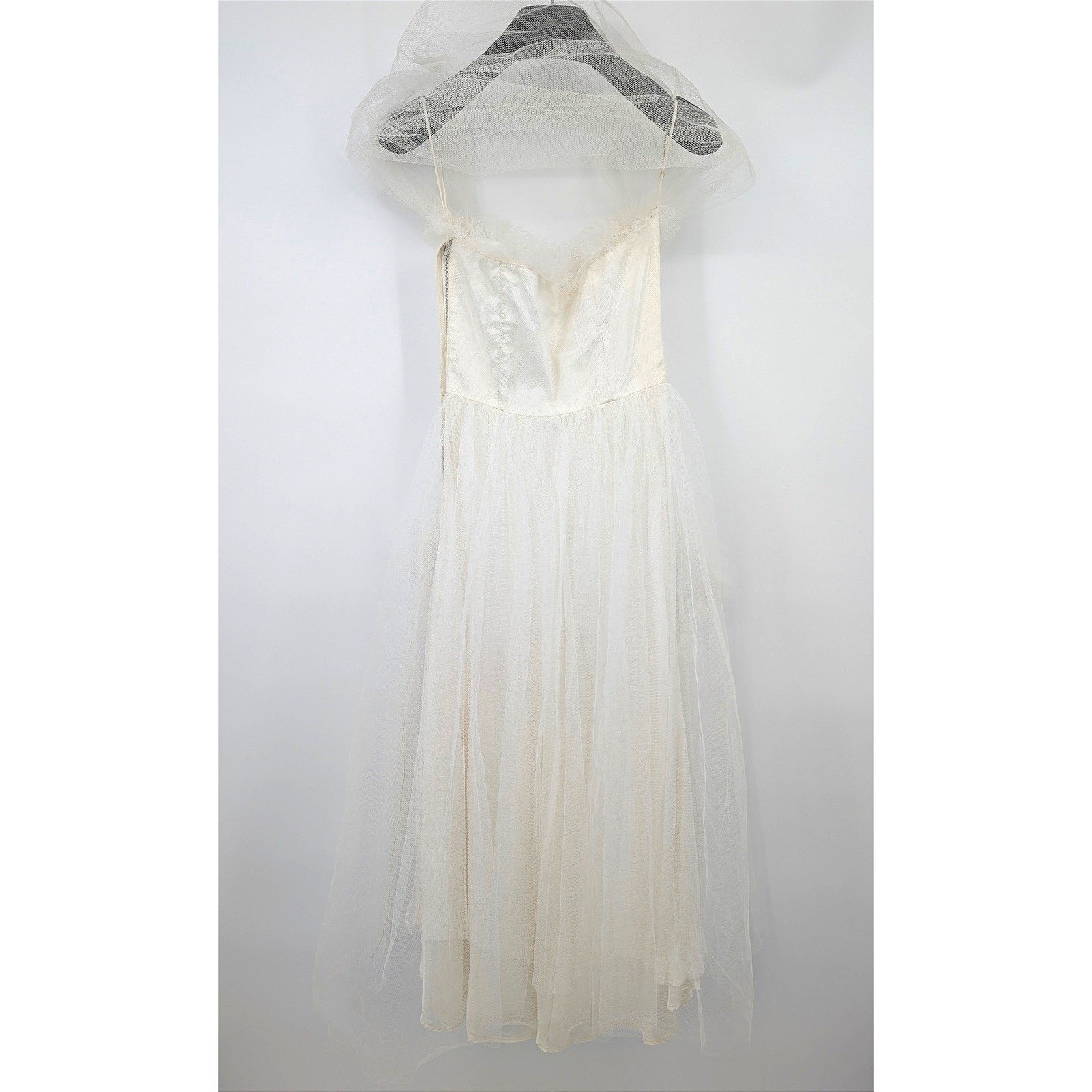 Vintage White Strapless Tulle Party Dress Detachable Shawl Fit & Flare Bridal XS