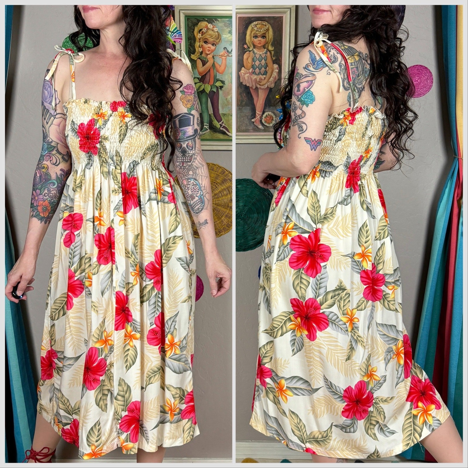 Vintage Y2K Hawaiian Floral Tie Strap Smocked Tiki Sundress | XS/S/M