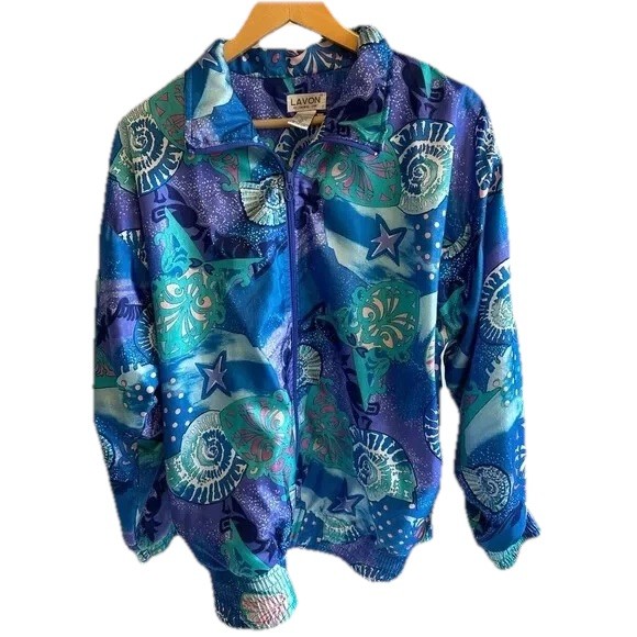 Vintage Lavon by Cheerful Corp Seashell Starts Blue Purple Green Track Jacket M