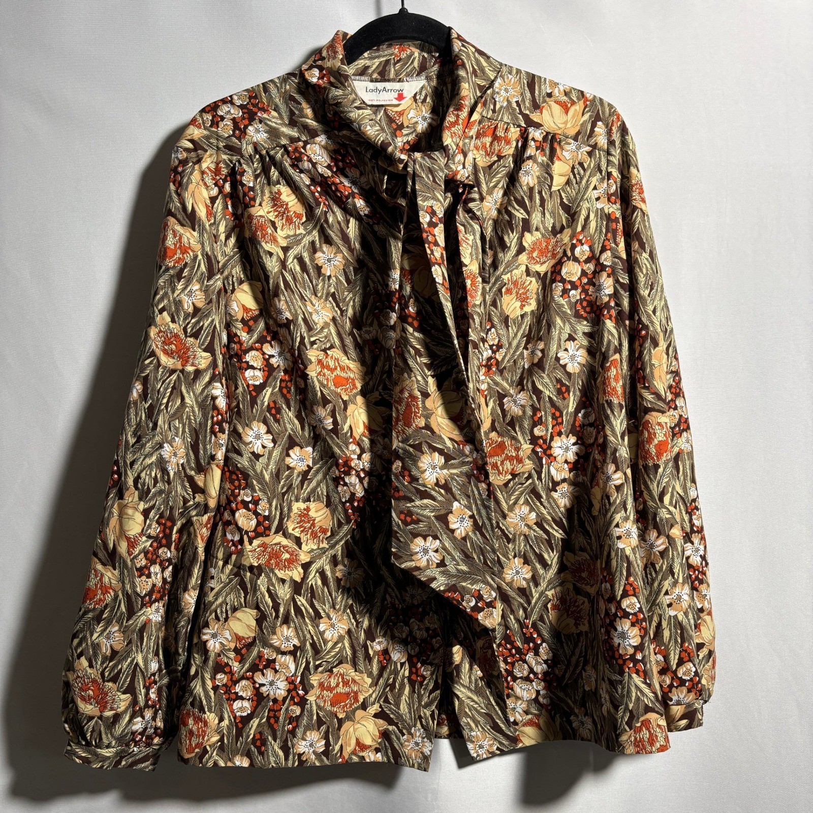 VTG 70s Lady Arrow Floral Pussy Bow Brown Orange Long Sleeve Secretary Top XL