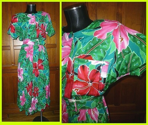 Vtg 80s VIBRANT Floral Tropical Print Garden Tea Party Boho Belted DRESS 7/8