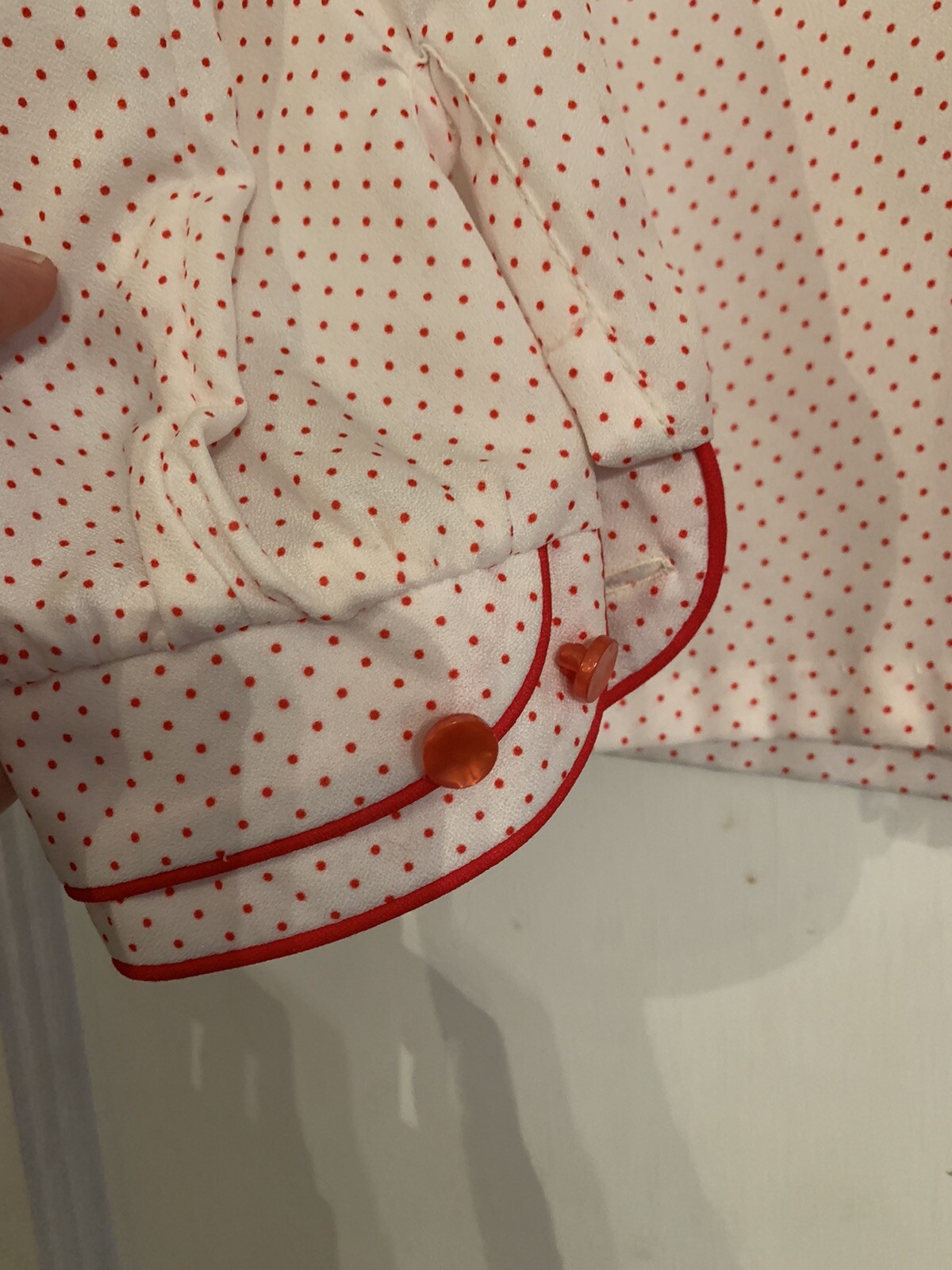 Vtg Gailord Womens Blouse Button Down L ? Creamy Off White Red Polka Dots