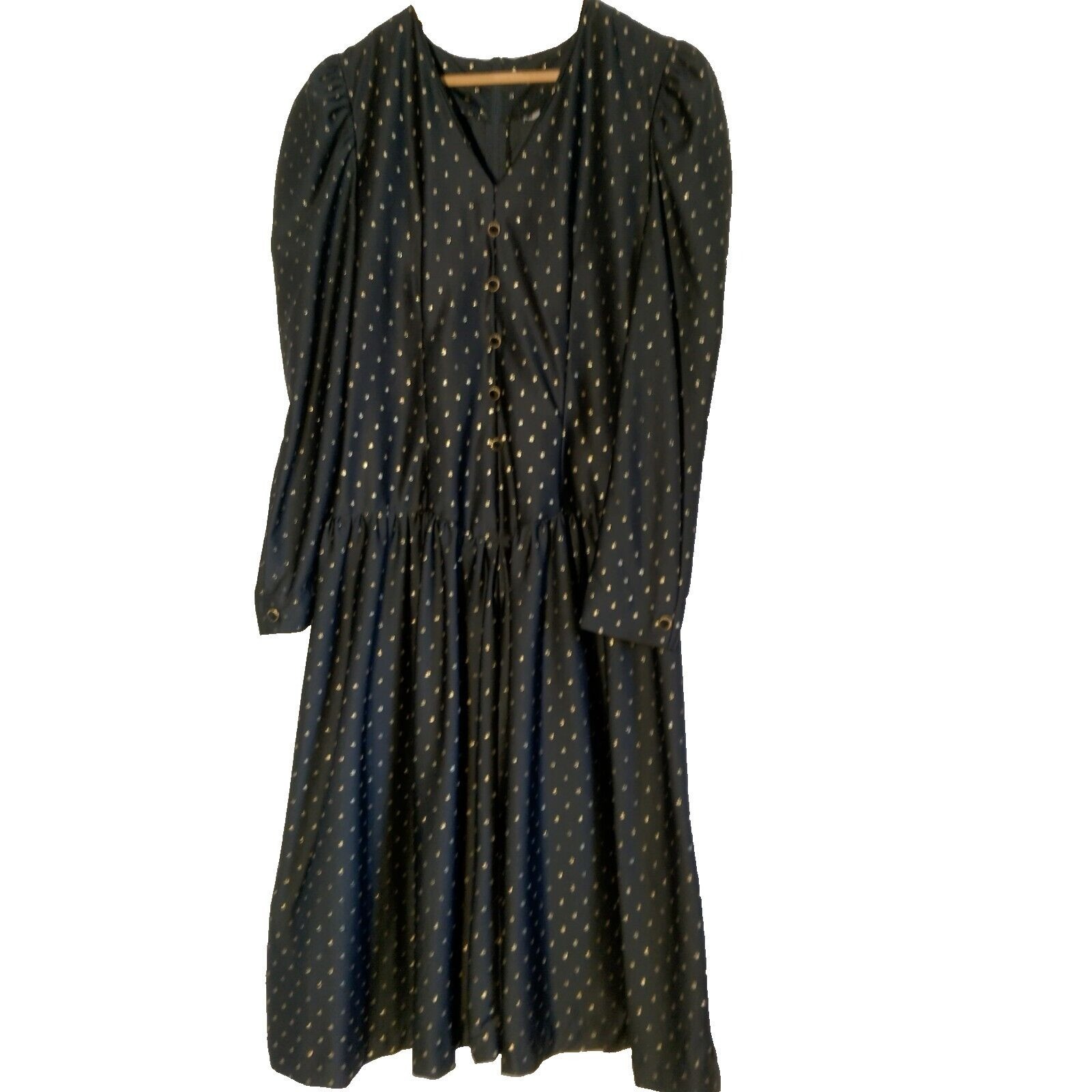 Vintage 1980s Homemade Dress Black Gold Metallic Polka Dot Drop Waist Party Nerd