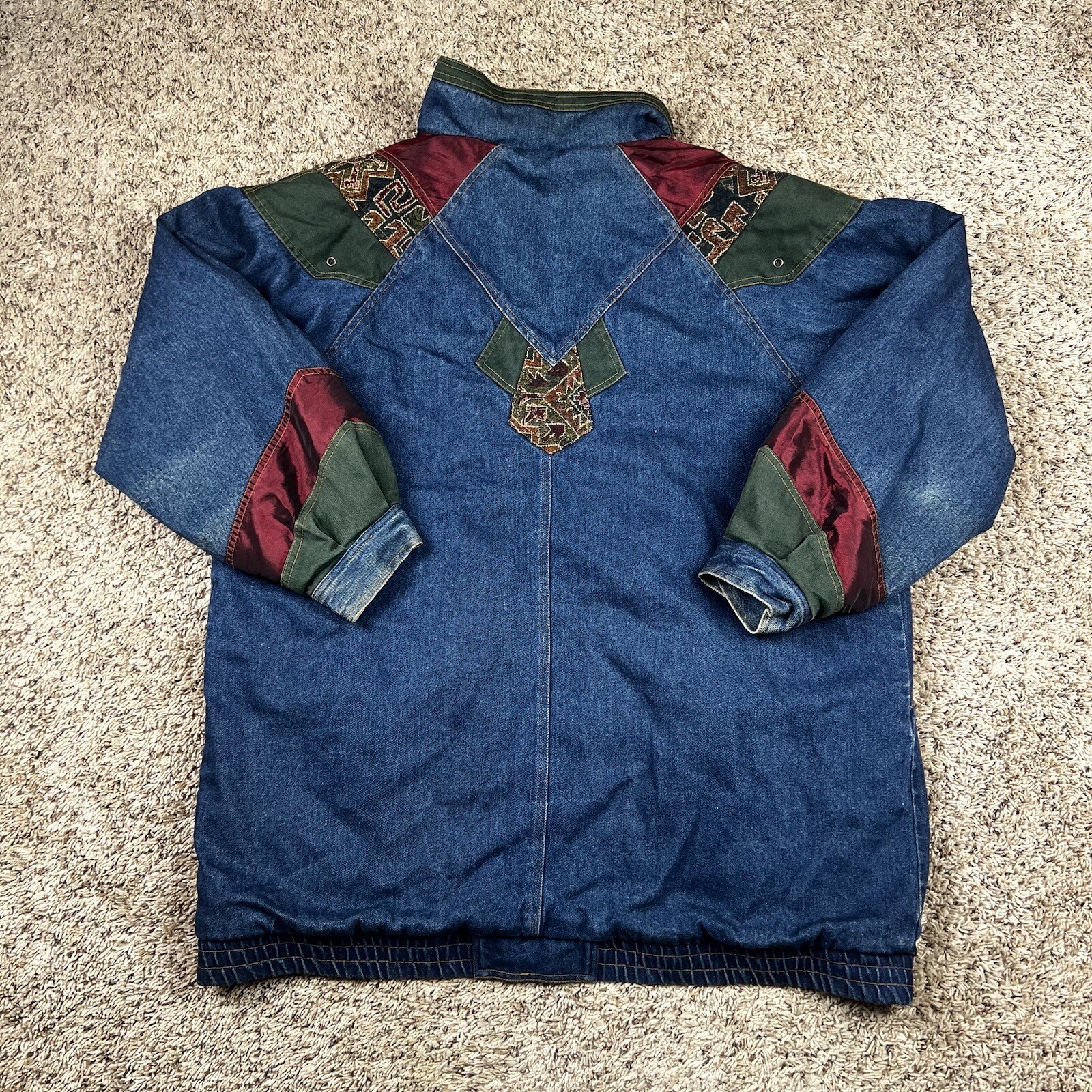 Vintage 90s Two Twenty Women’s Blue Denim Patchwork Winter Lined Jacket XL Long