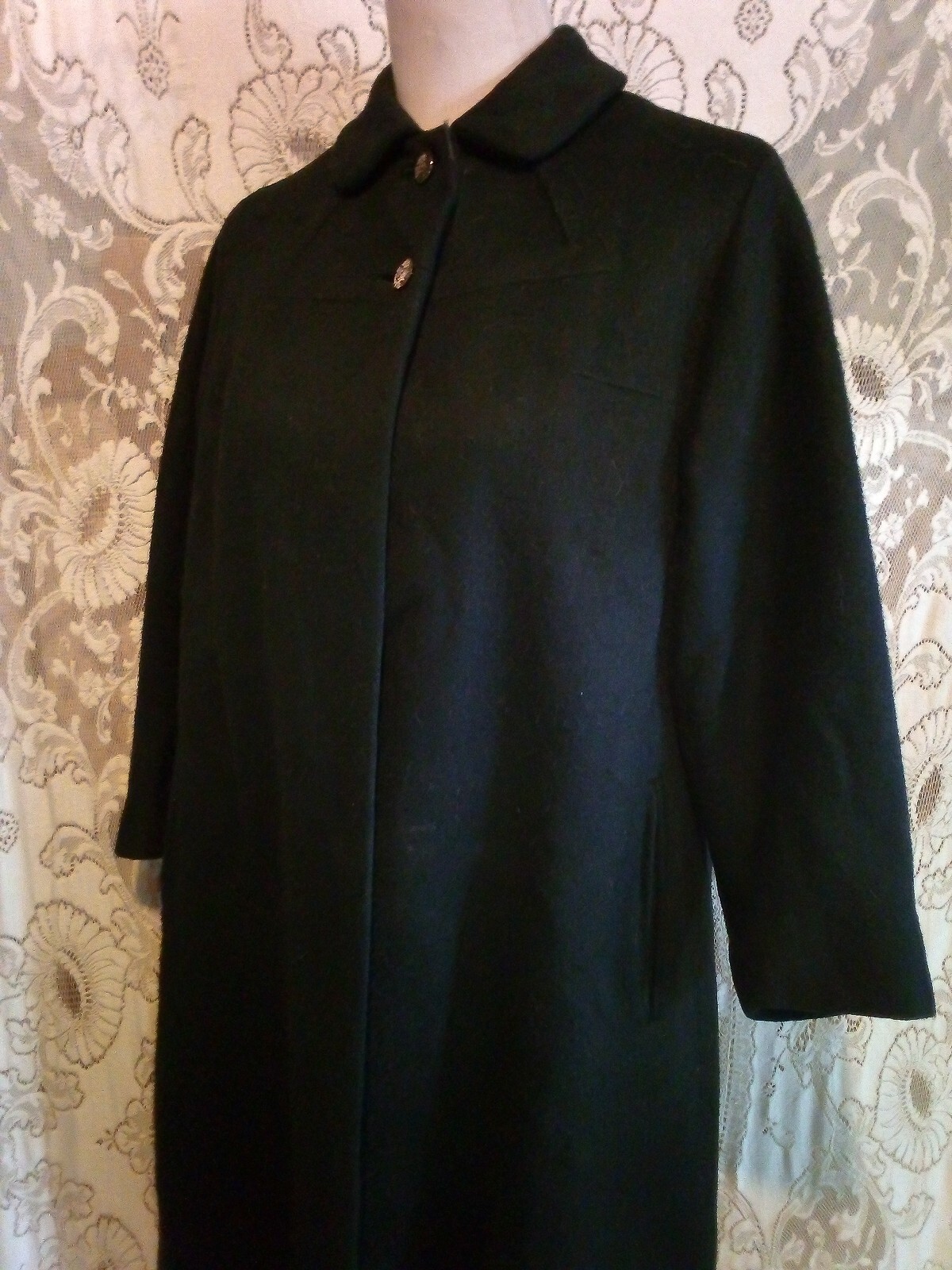 VTG 50s Moordale Fancy Mohair Wool Charcoal Black Coat w Floral Satiny Lining S