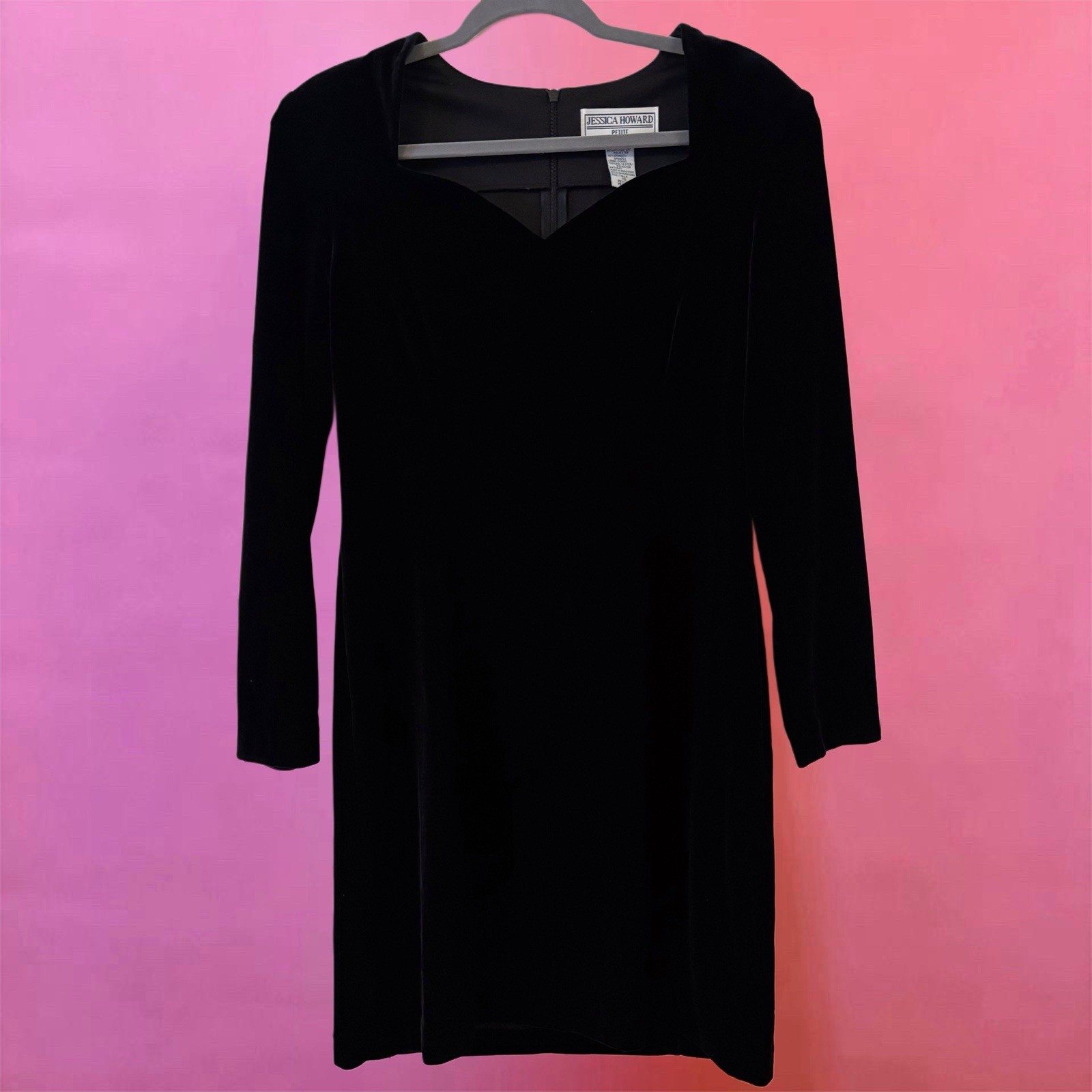Vintage 80s Jessica Howard Goth Black Velvet Dress Sweetheart Neckline 12P