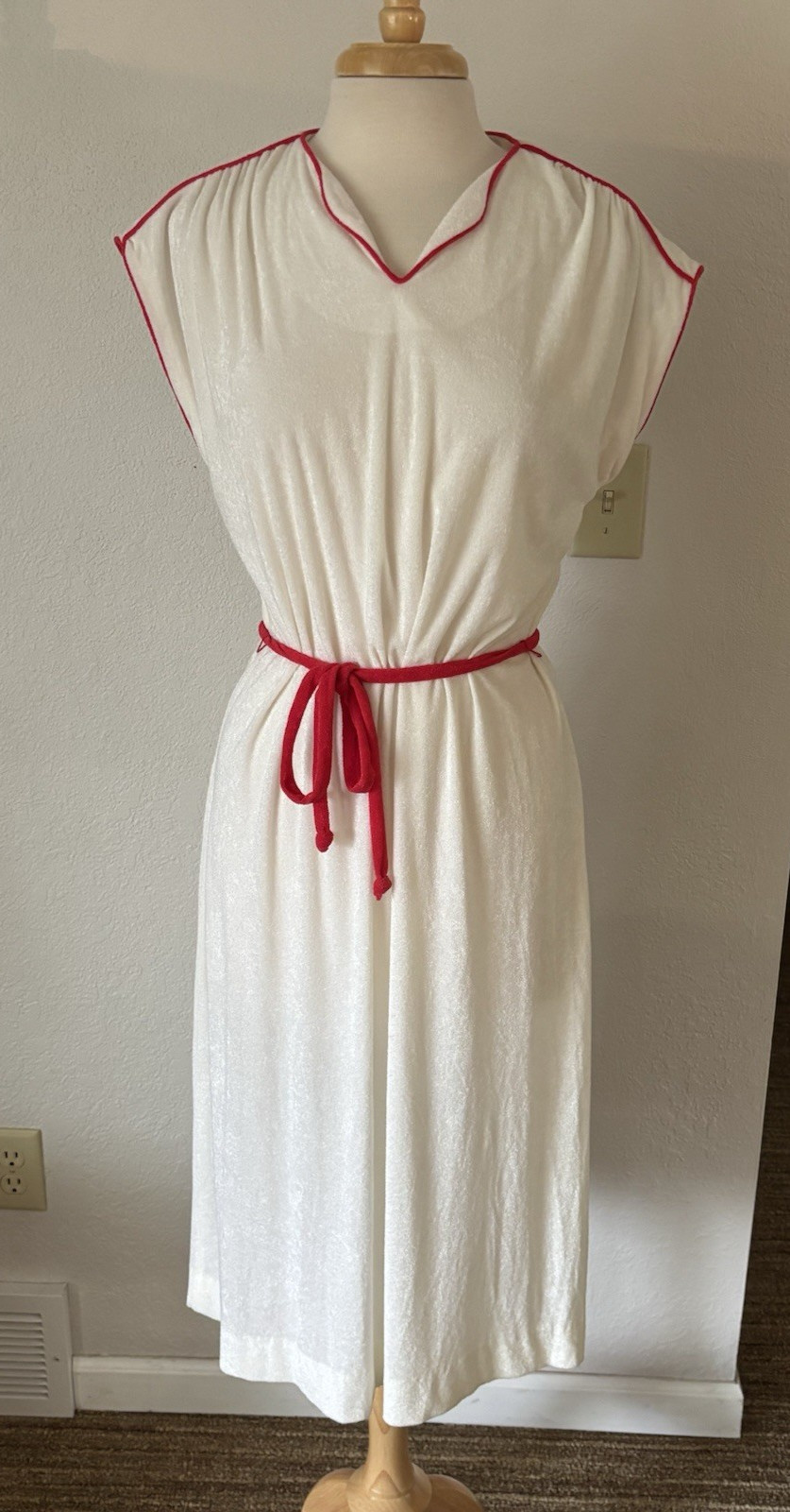 Vintage 1970’s White Soft Terry Cloth Dress with Orange Trim Retro