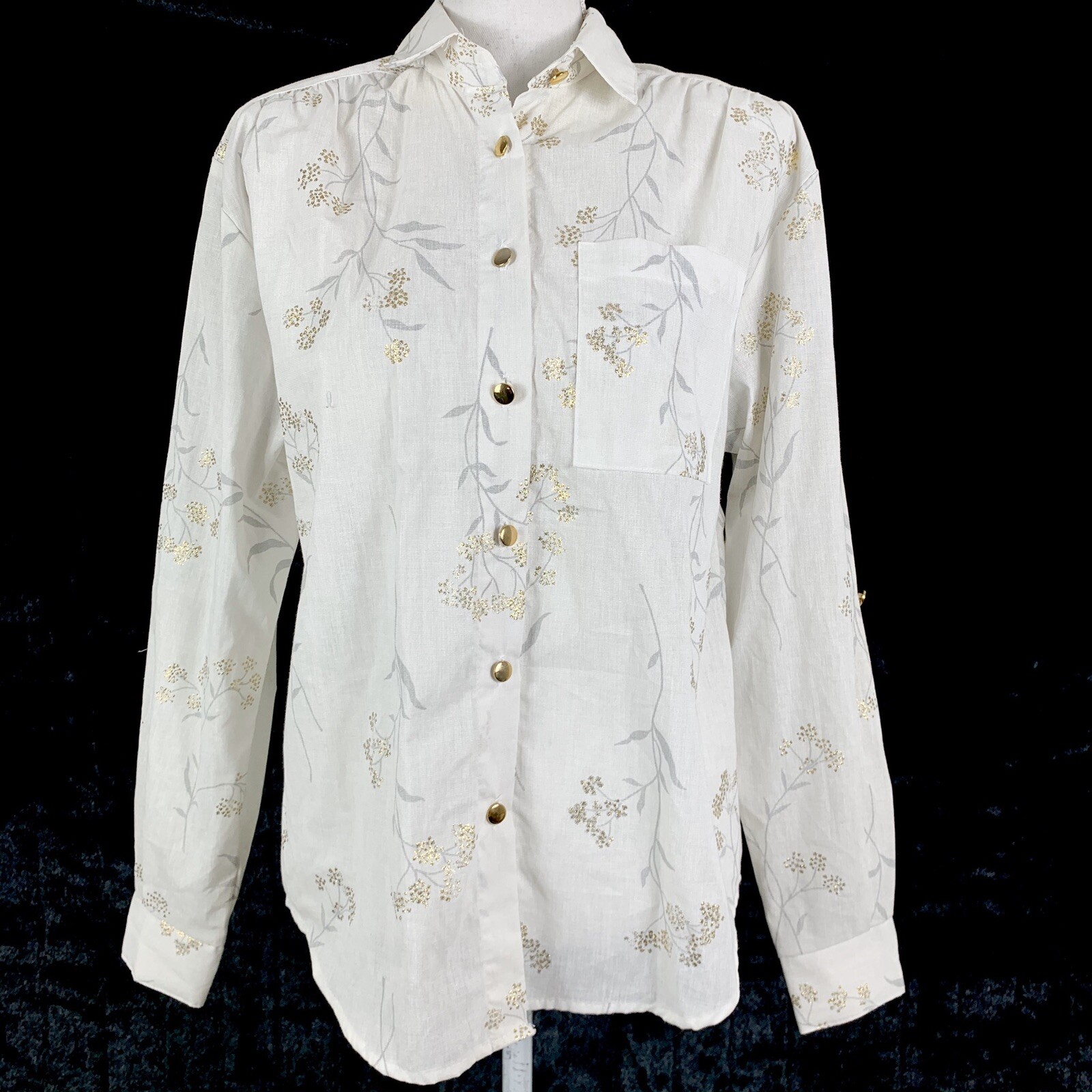 Vintage Blouse Size Small Button Up Top Shoulder Pads White Gold Tapestry