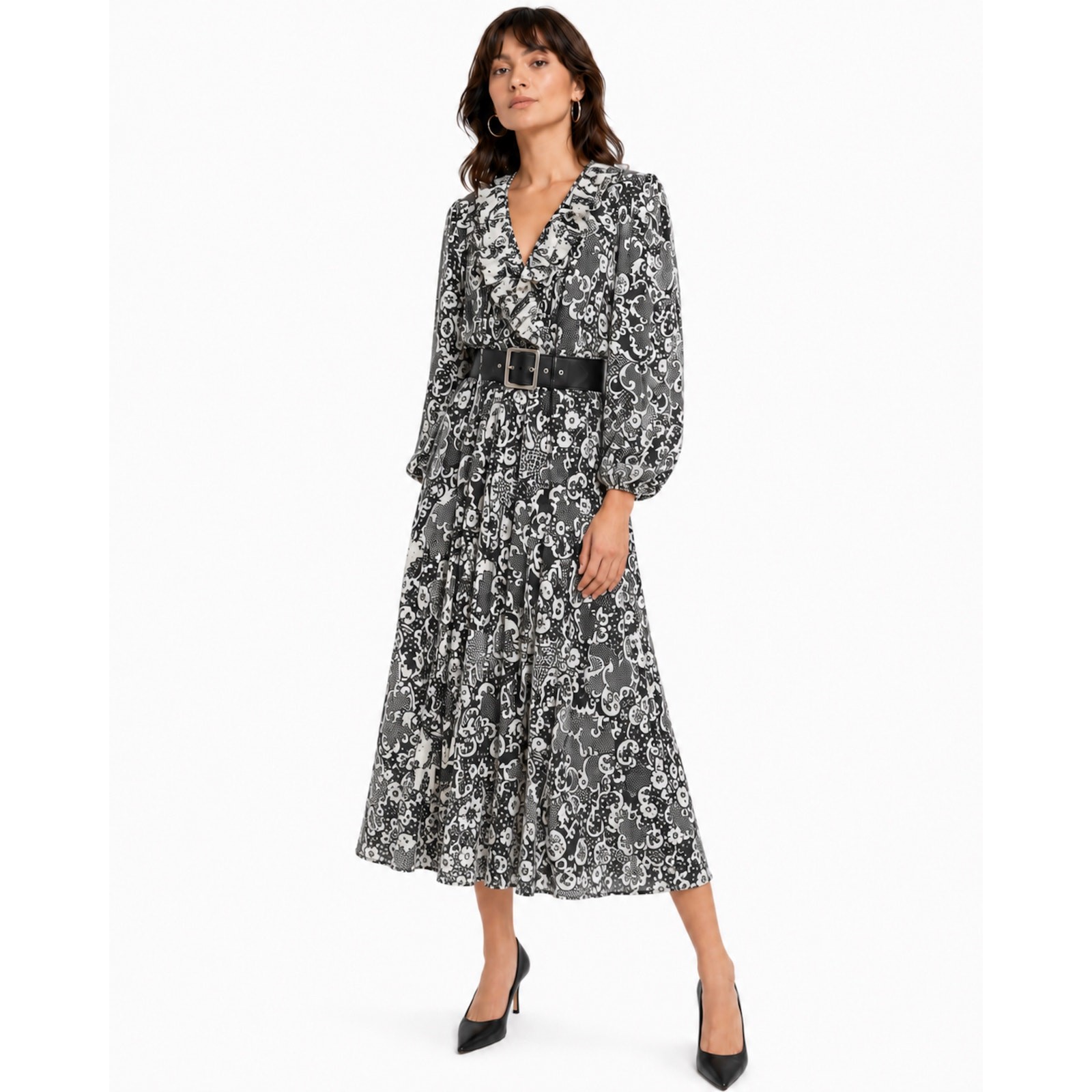 Vintage Susan Freis Black White Graphic Georgette Dress | M/L