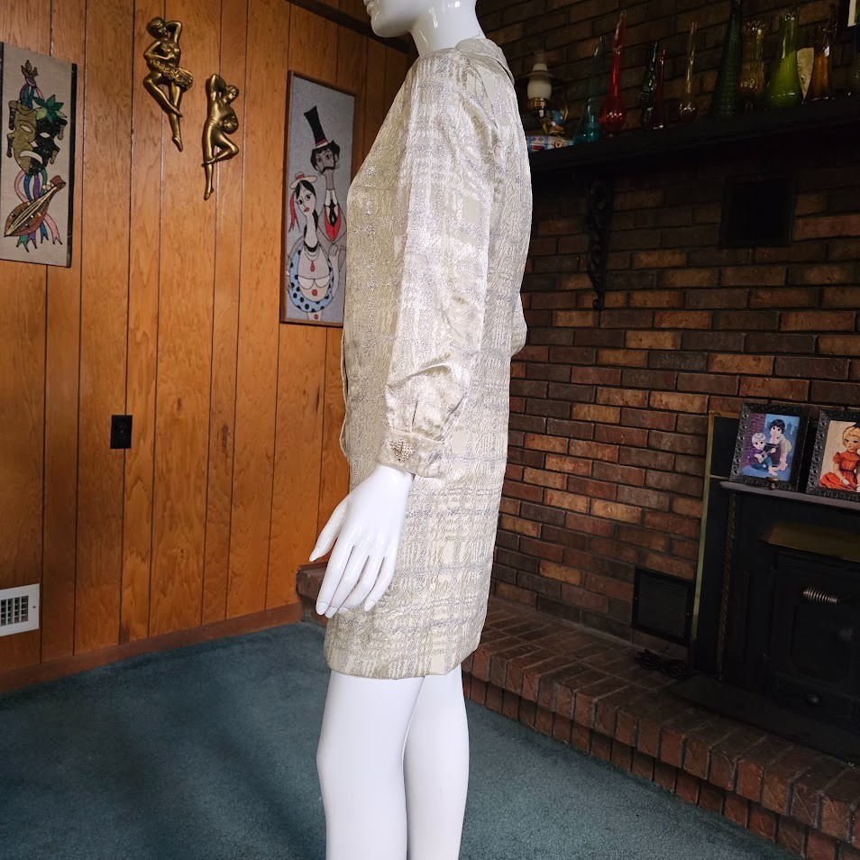 Vtg 60s Mod Silver Space Age Holiday Plaid Metallic Cocktail Mini Go Go Dress S