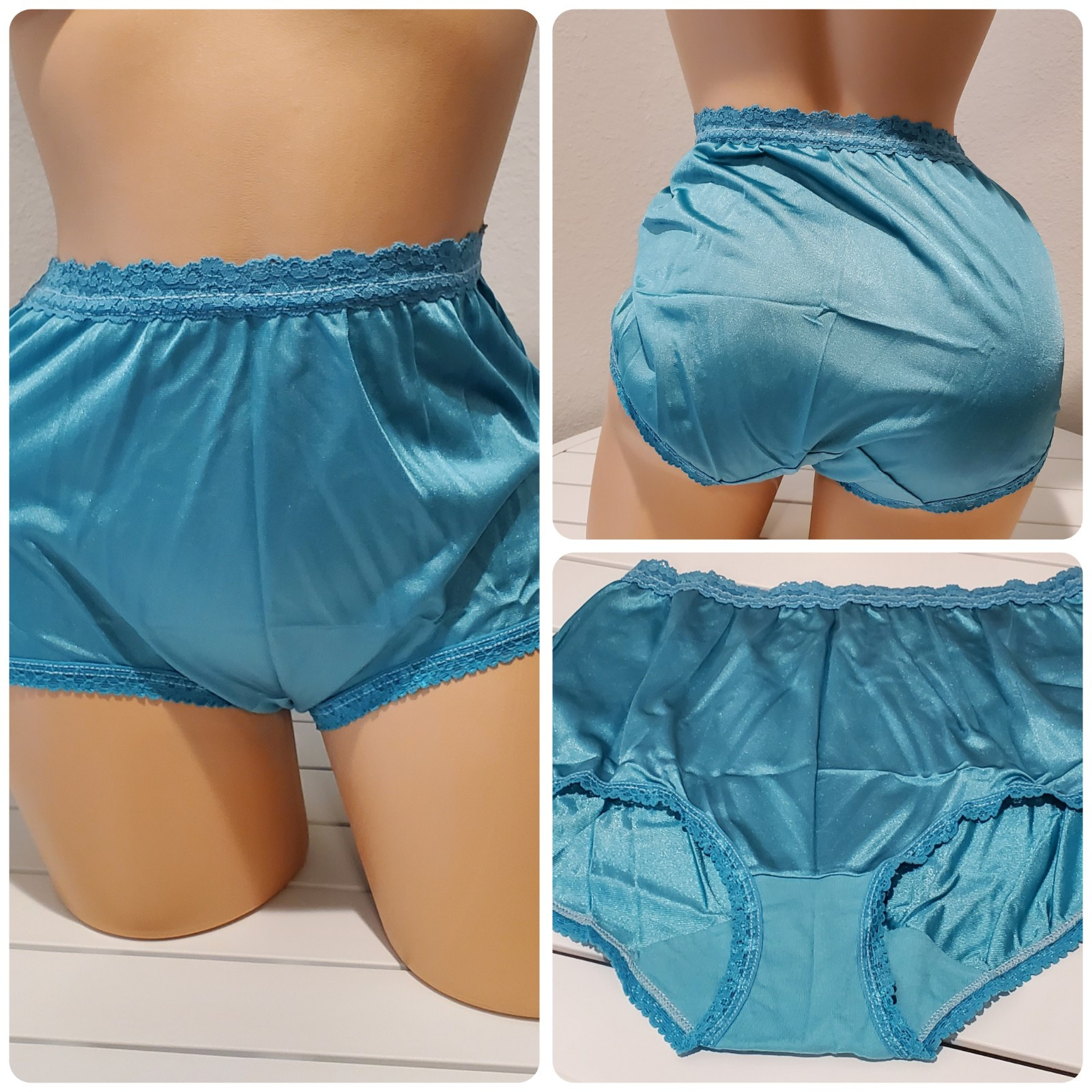 Cotillion Nylon & Lace Granny Panty Full Cut Brief 6/M BLUE Turquoise Topaz BLUE