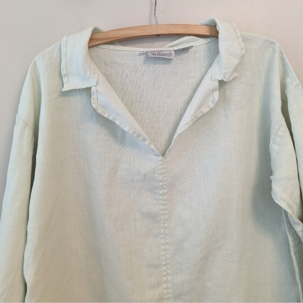 Vintage 90s Minimalist Sea Foam Linen Collared Top Women’s Medium Quiet Luxury
