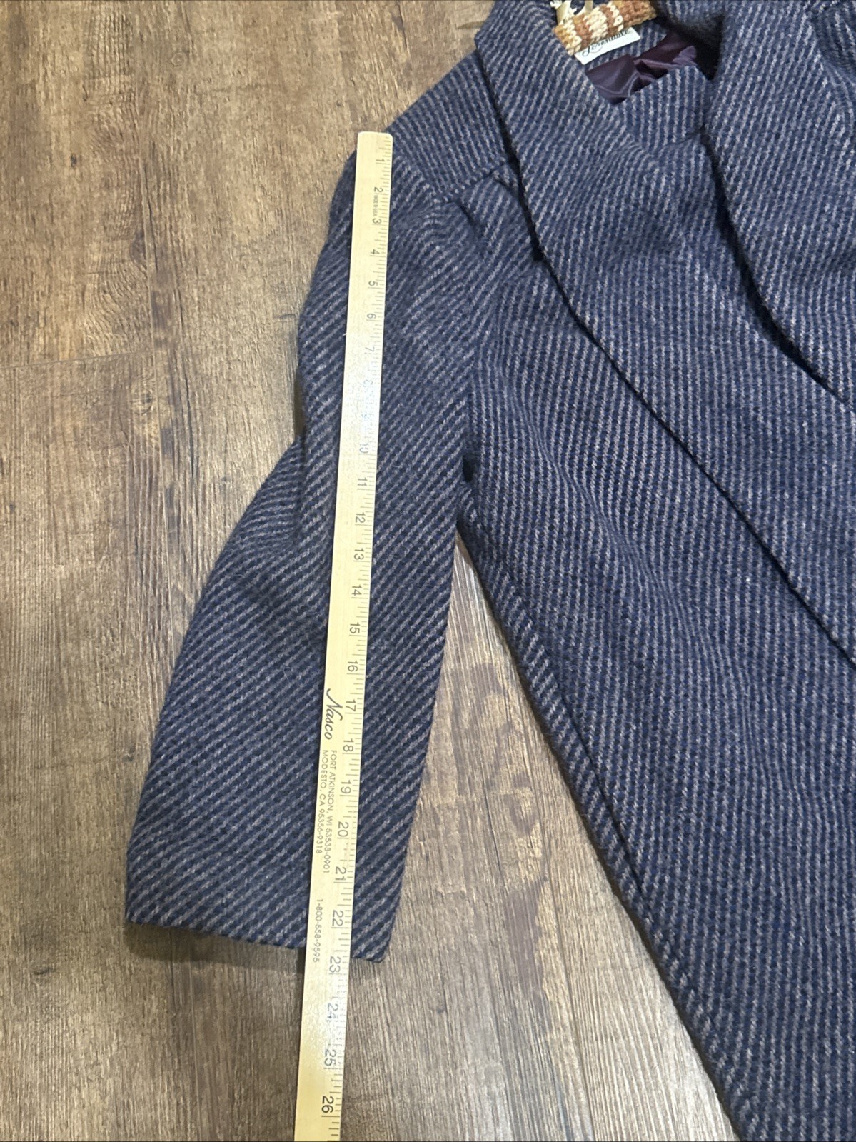 Vintage Lorendale Wool Coat Blue Tweed Attached Scarf Collar L/XL No Tag