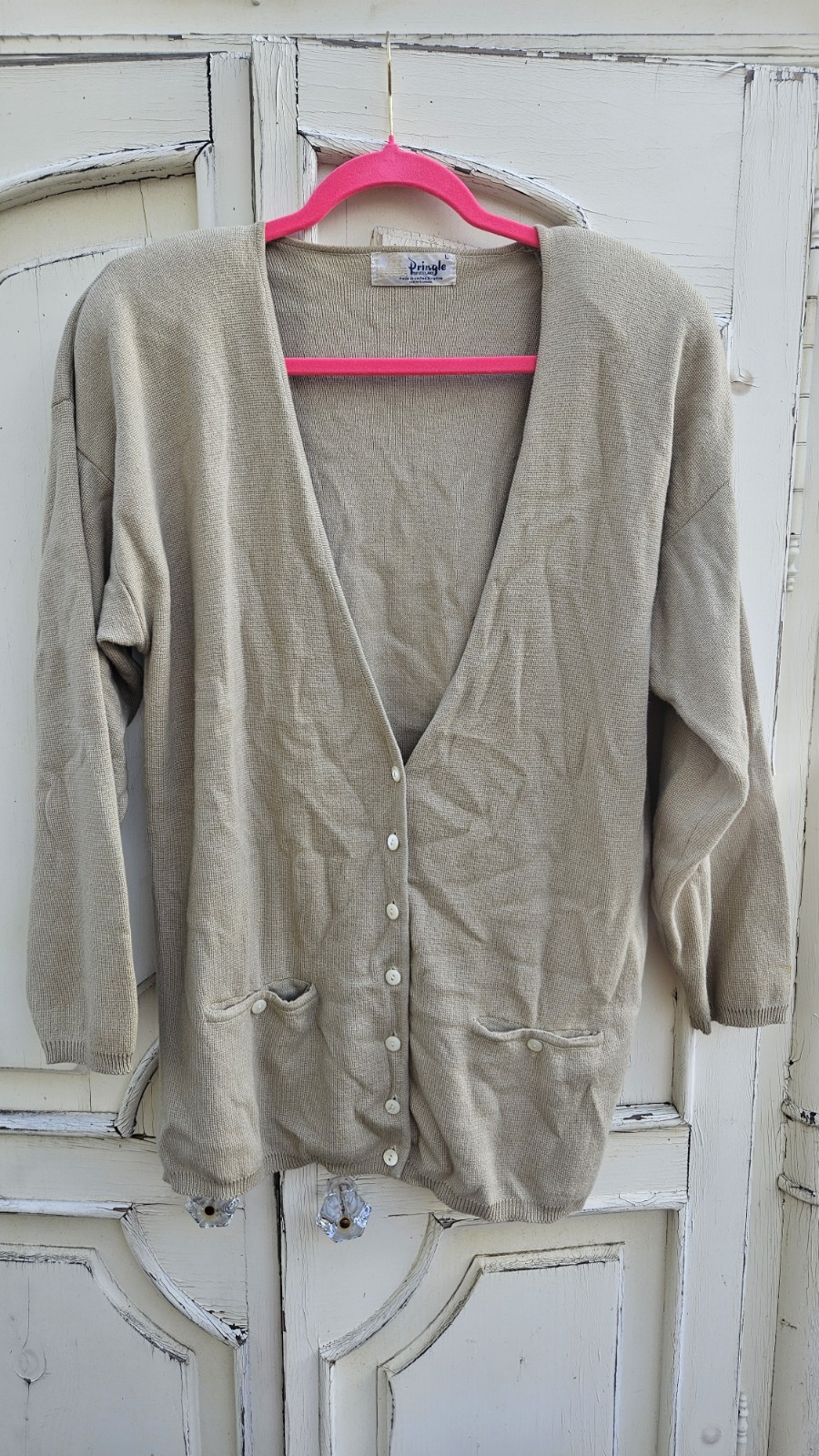 Vintage Pringle Of Scotland Beige 100% Cotton Front Pocket Cardigan Size L
