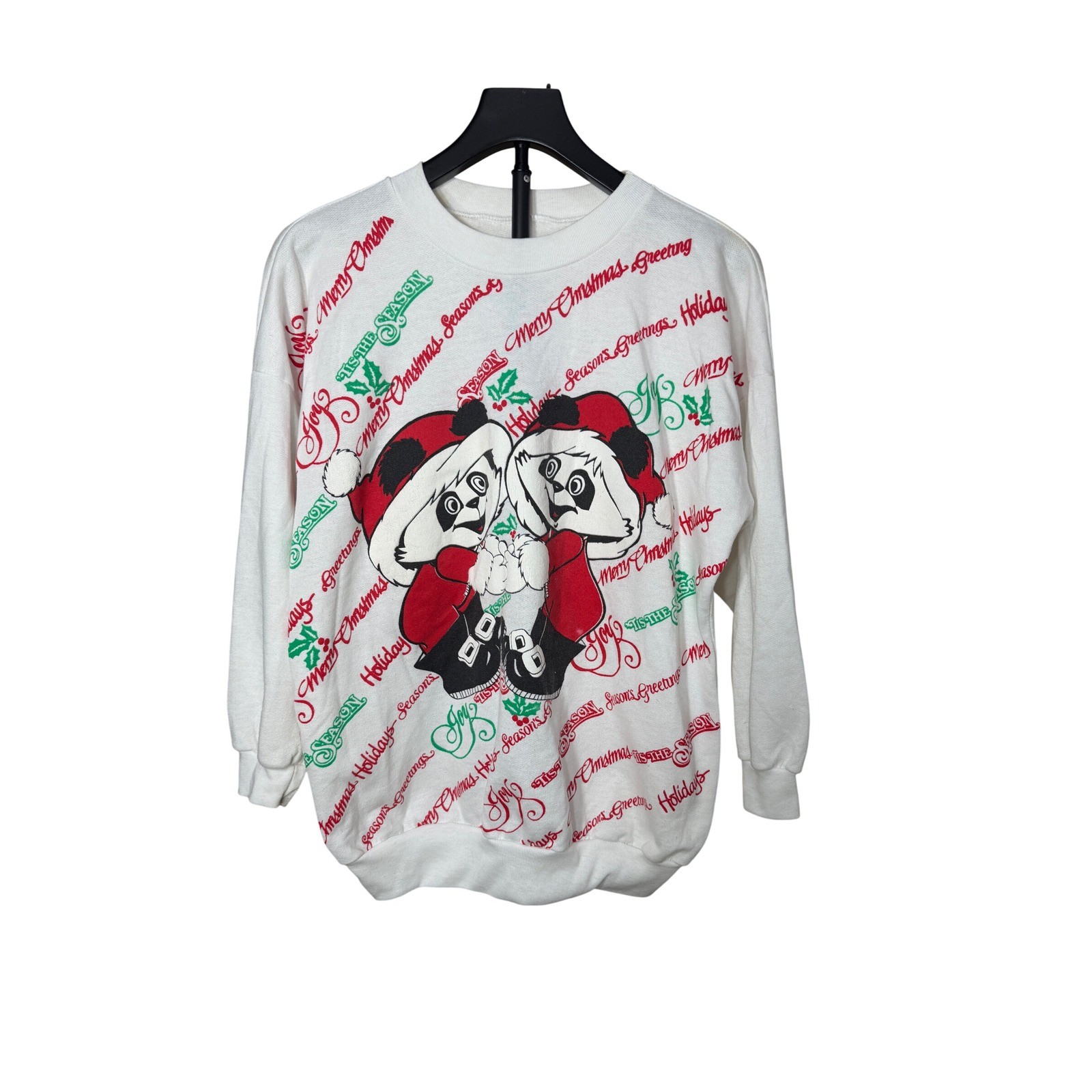 Vintage Christmas Panda Graphic Sweatshirt White Red Green Holiday Pullover L