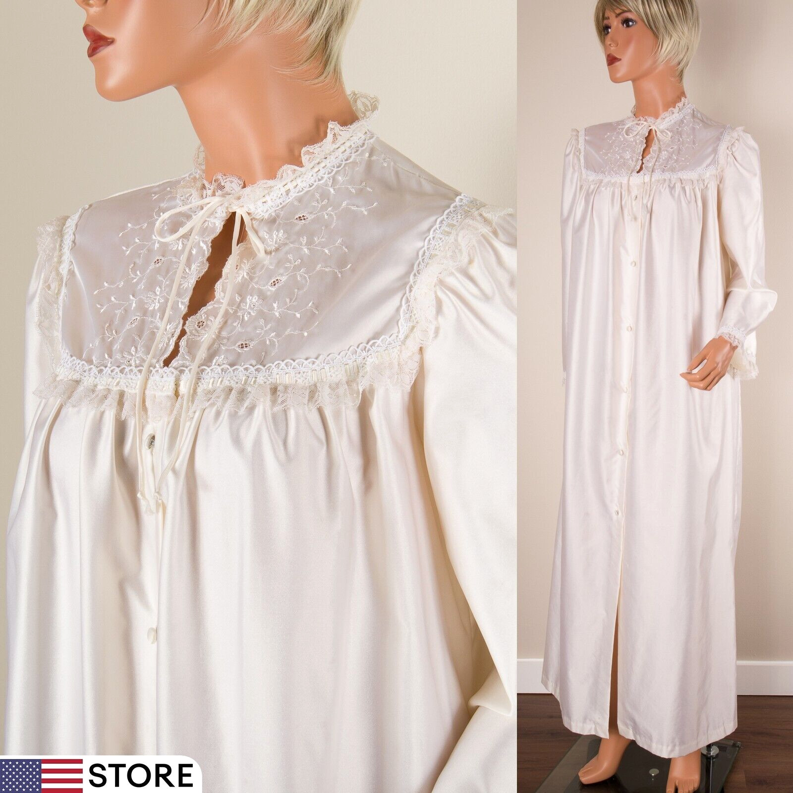 💖 BARBIZON Vintage Pearl Ivory Silky Satin Robe Long Sleeve Embroidered Lace M