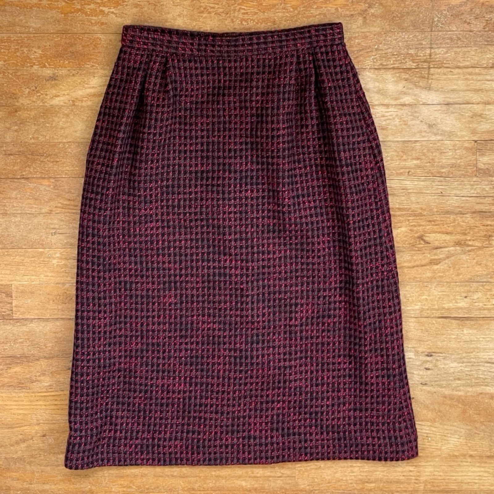 Vintage Pink Tweed Pencil Skirt Size Small 28″ Waist 1980s Woven Wool/Silk Blend