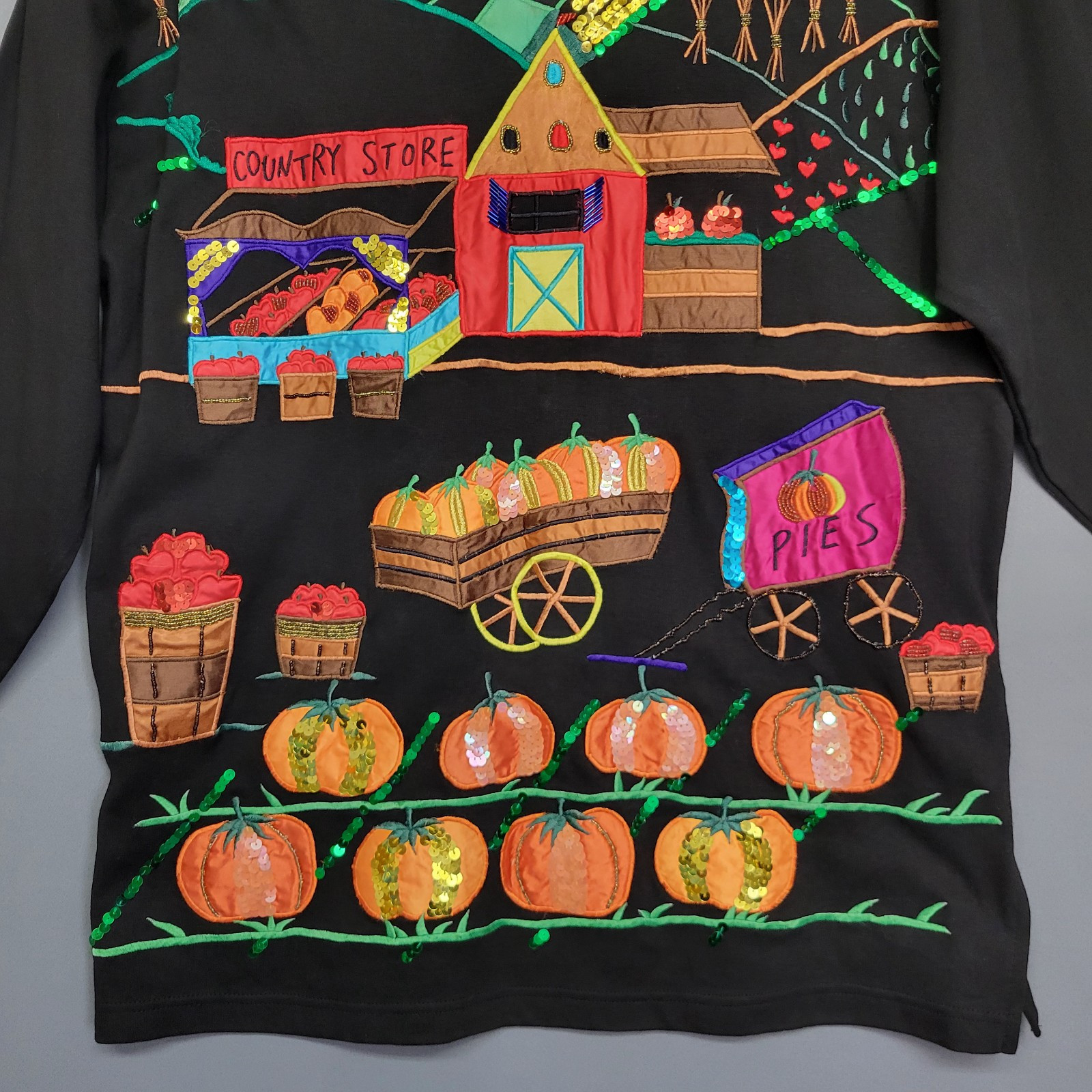 Vintage 80s Accessory Lady Top Womens L Black Fall Applique Embroidered Sequin