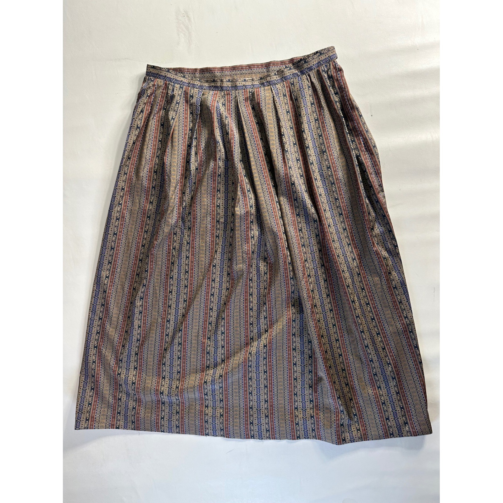 Dalton Vintage 2 Piece Skirt Set Brown Geometric Button Up Blouse Pleated Midi