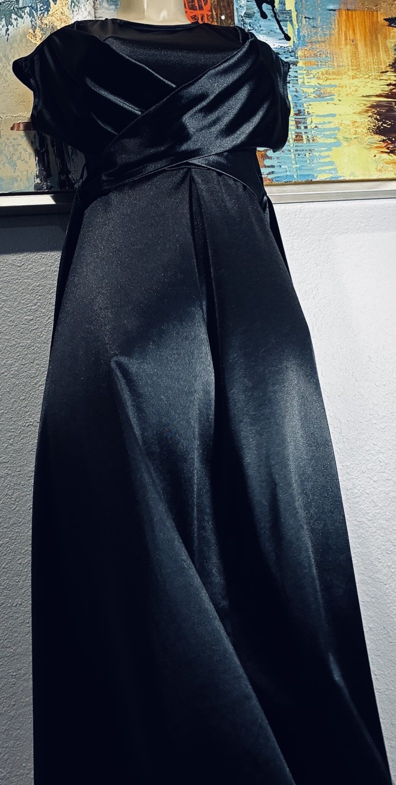 Vtg Black Shiny Spandex Wrap Front Long Dress S