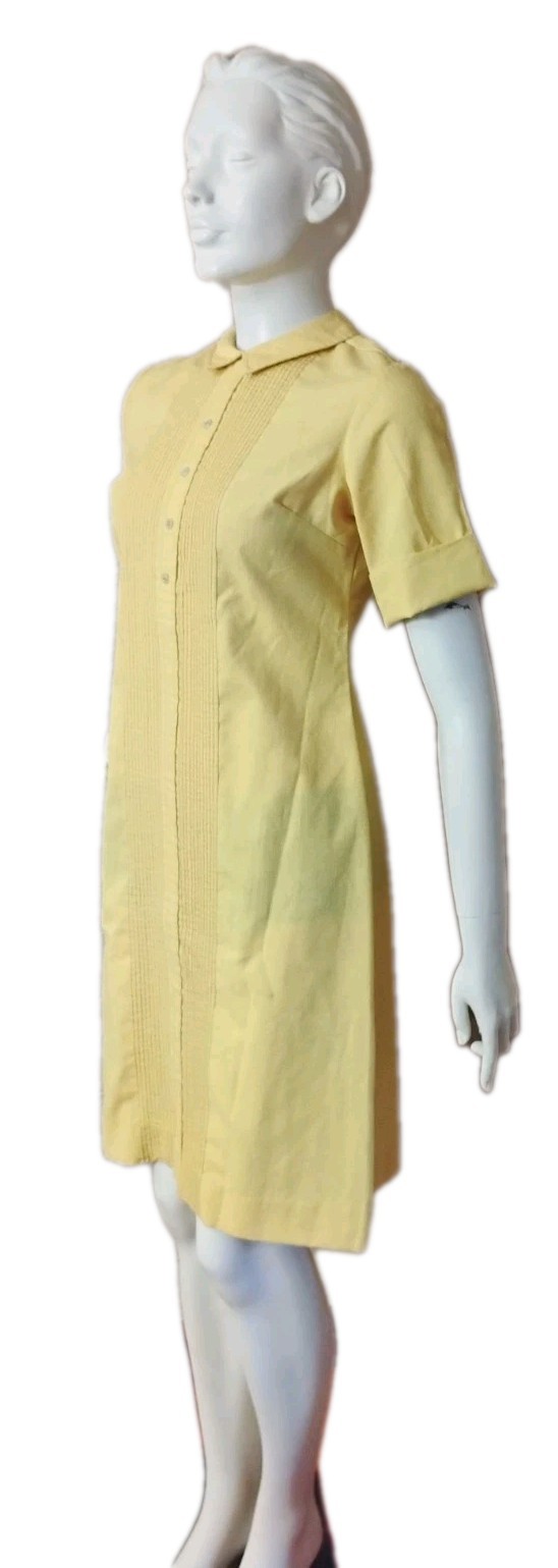 VTG 1970’s „the Art Shirt” Yellow Linen Pleated Ribbed Front Shirt Dress 9-10