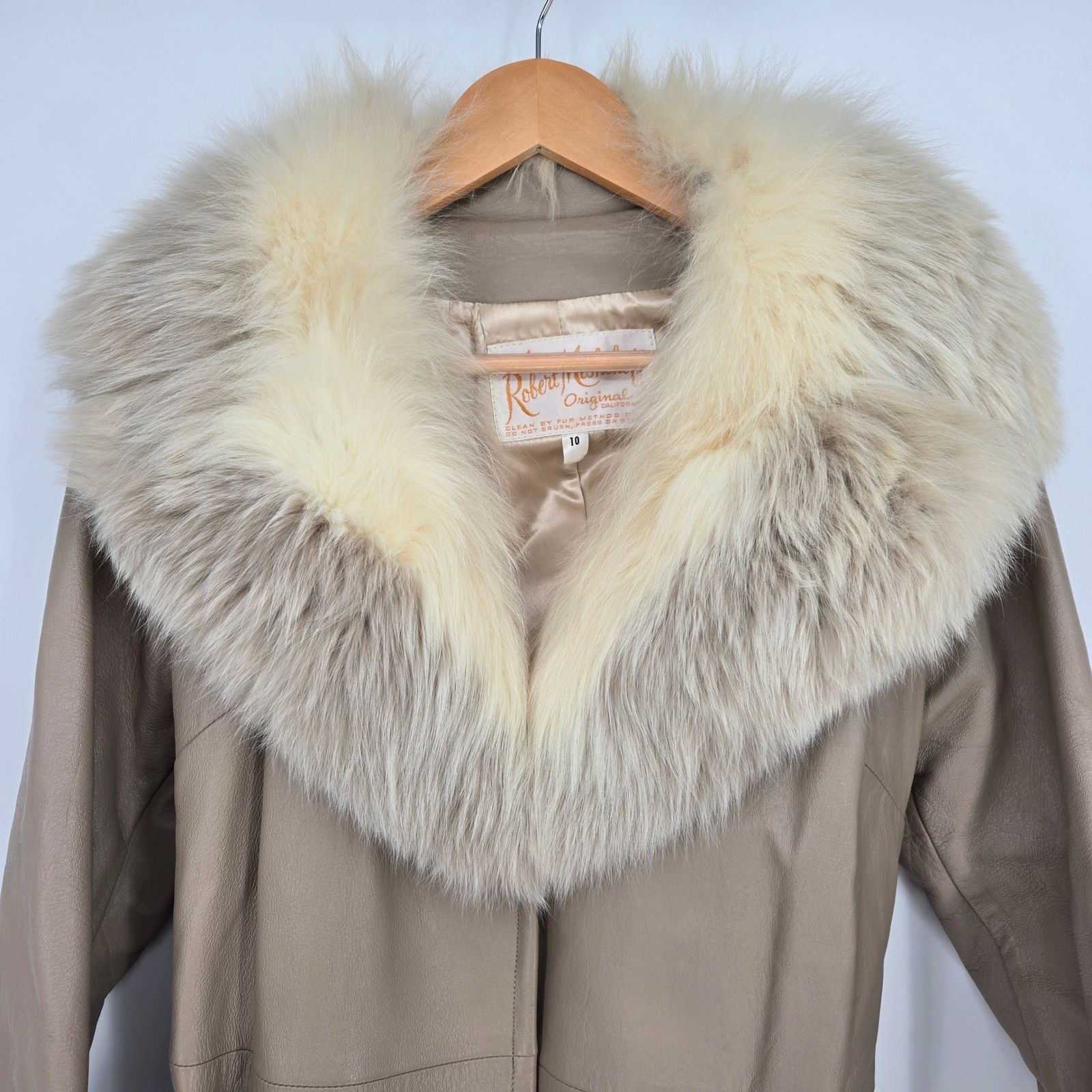 Vintage Women’s 10 Real Leather Swing Coat Genuine Fox Fur Collar Tan Cream