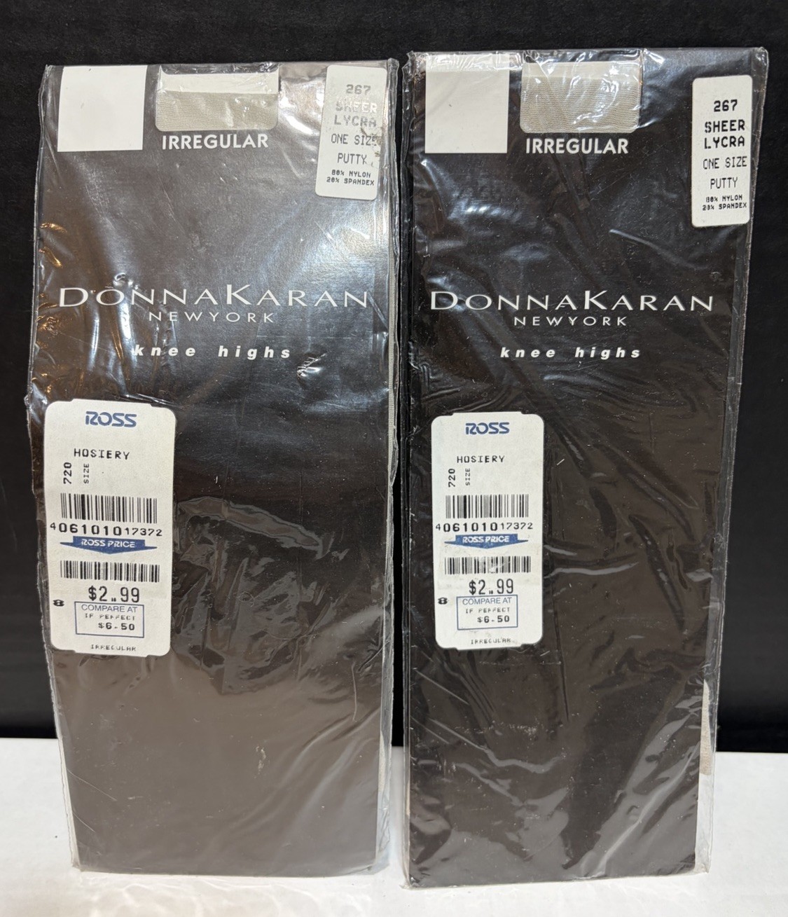 (2) Vtg Donna Karan New York Knee High Stockings Sheer Lycra Putty 267 One Size