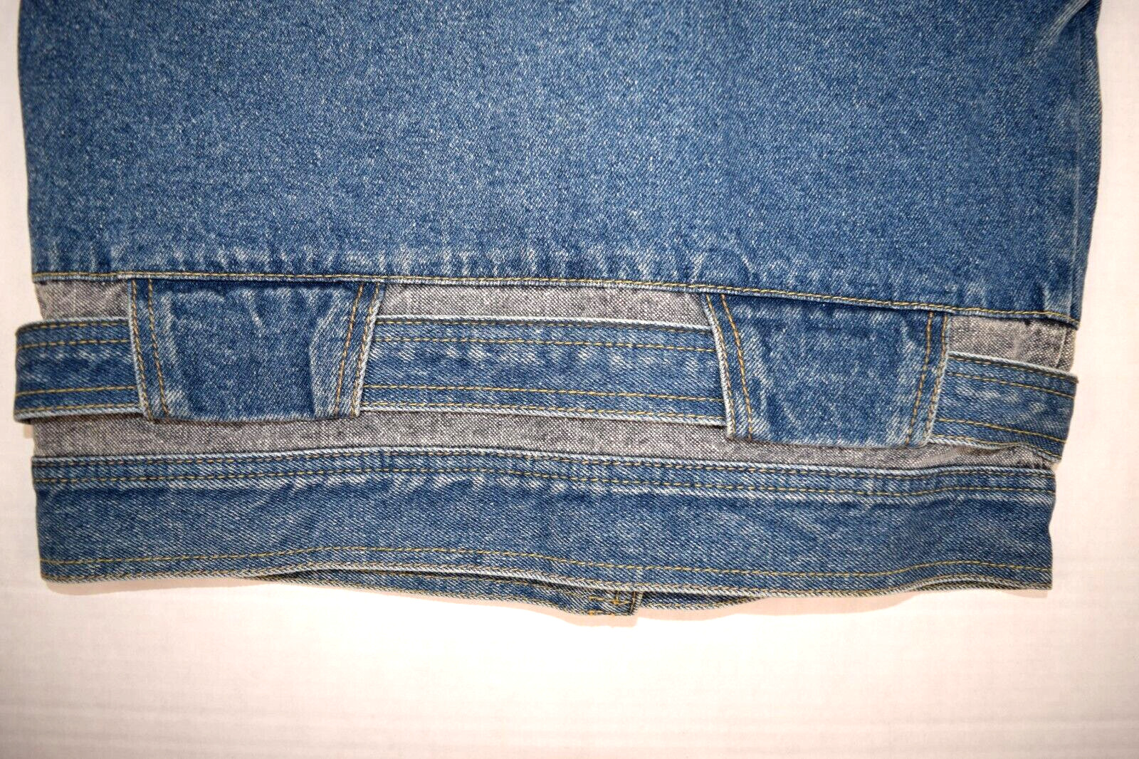 Vintage Jordache Denim Vest Size S/M 80s Belted 2 Tone Blue Wash Gray Denim Yoke