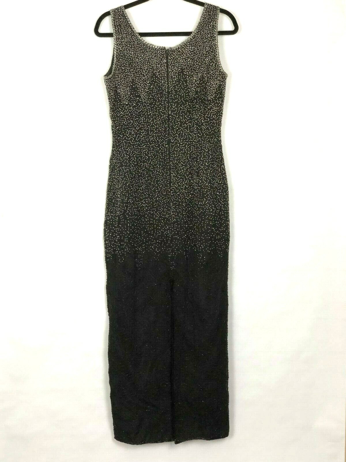 Vtg 80s Beaded Maxi Dress Evening Gown Black Silk M Glam Sparkle Romantic Goth