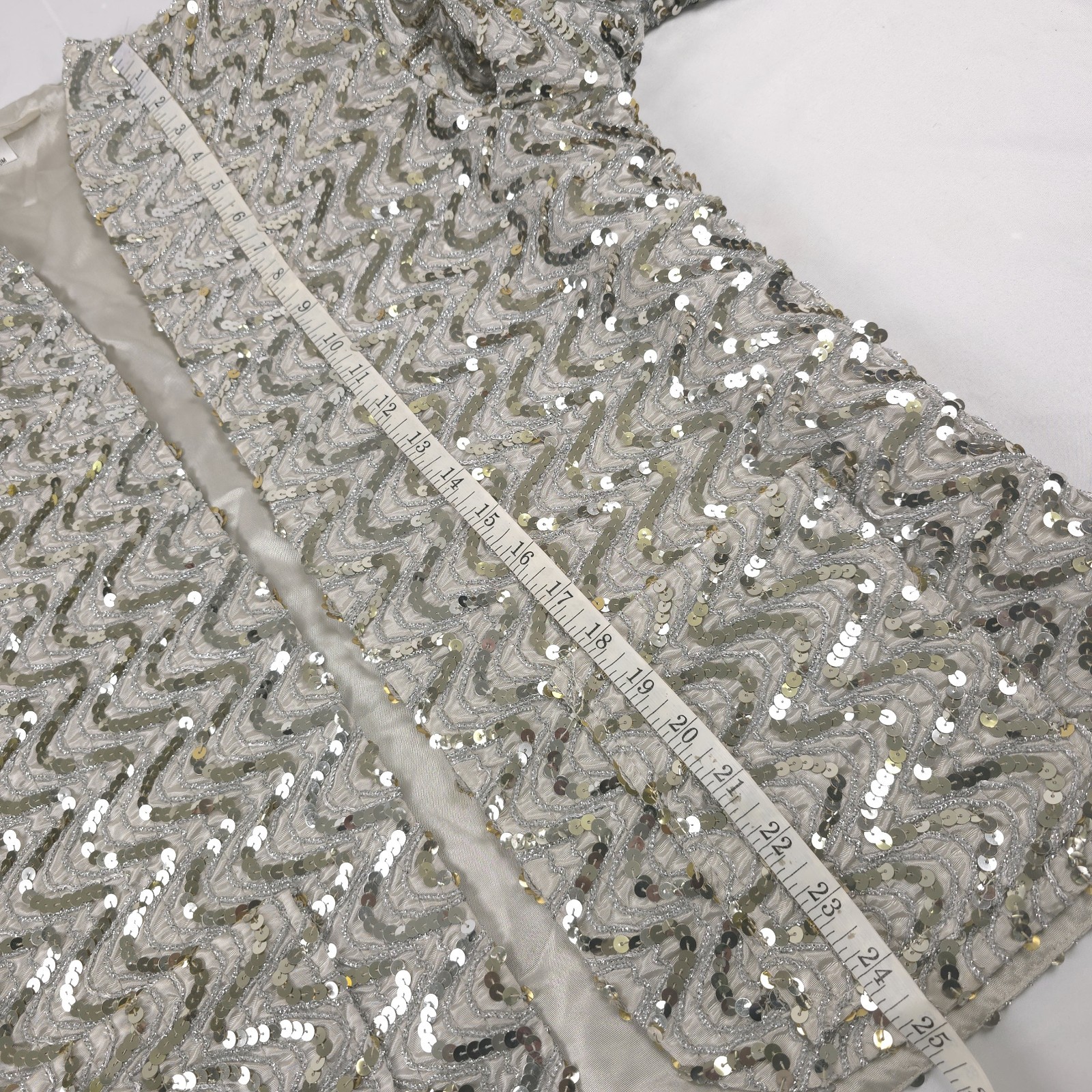 Vintage 80s Miss H MEDIUM Union Handmade Sequin Evening Jacket Open Front Silver