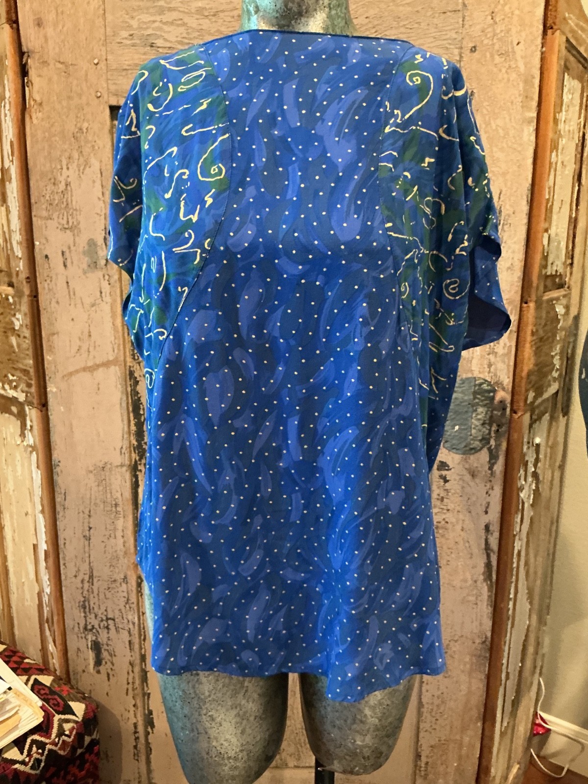 Vtg 80s Platinum Dorothy Schoelen top Womens Blue Vibrant geometric art sz S